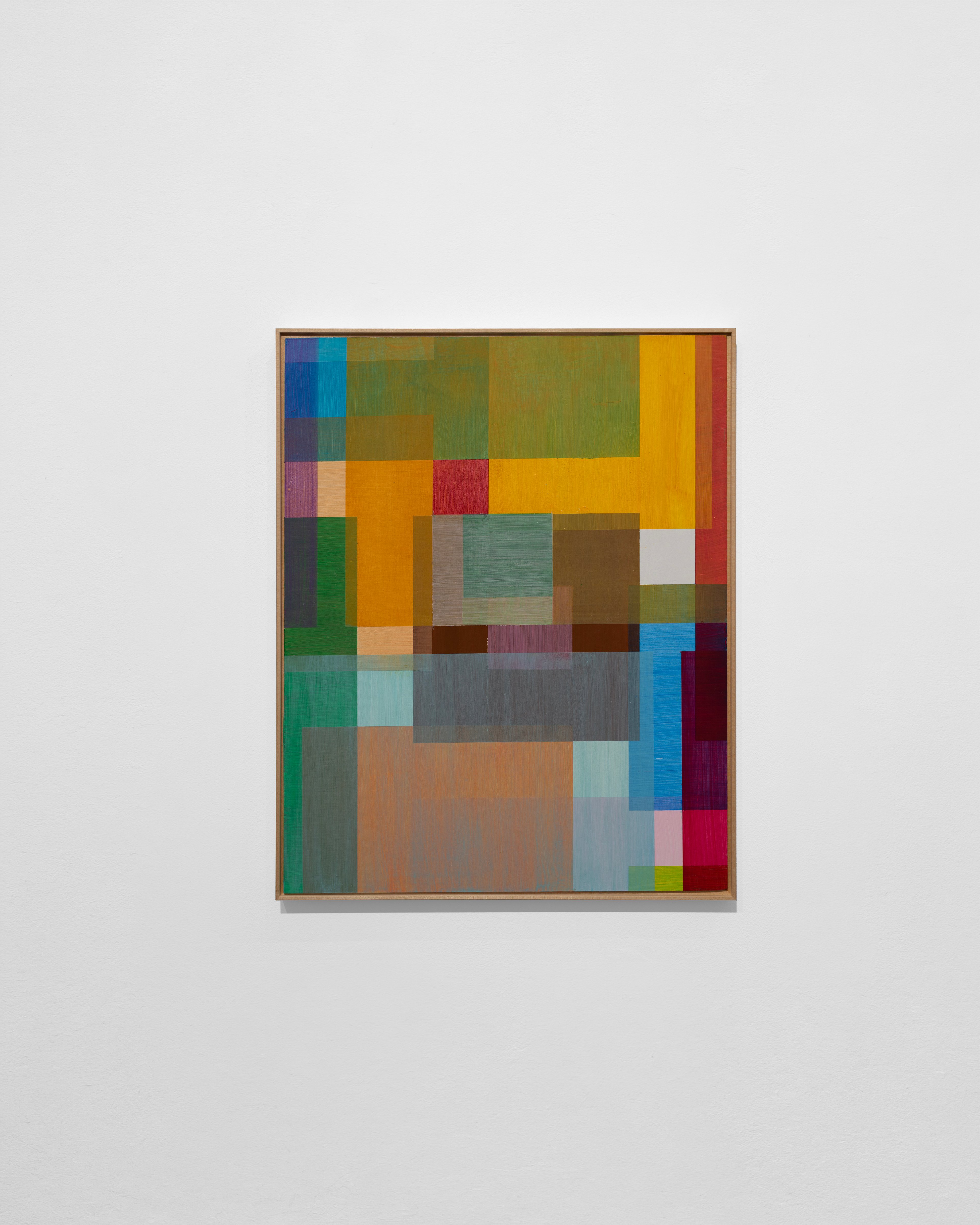 Acrylic on wood panel with framed edge: abstract composition of irregular rectangular colour blocks in ochre, green, blue, orange, brown, grey, and red tones…
