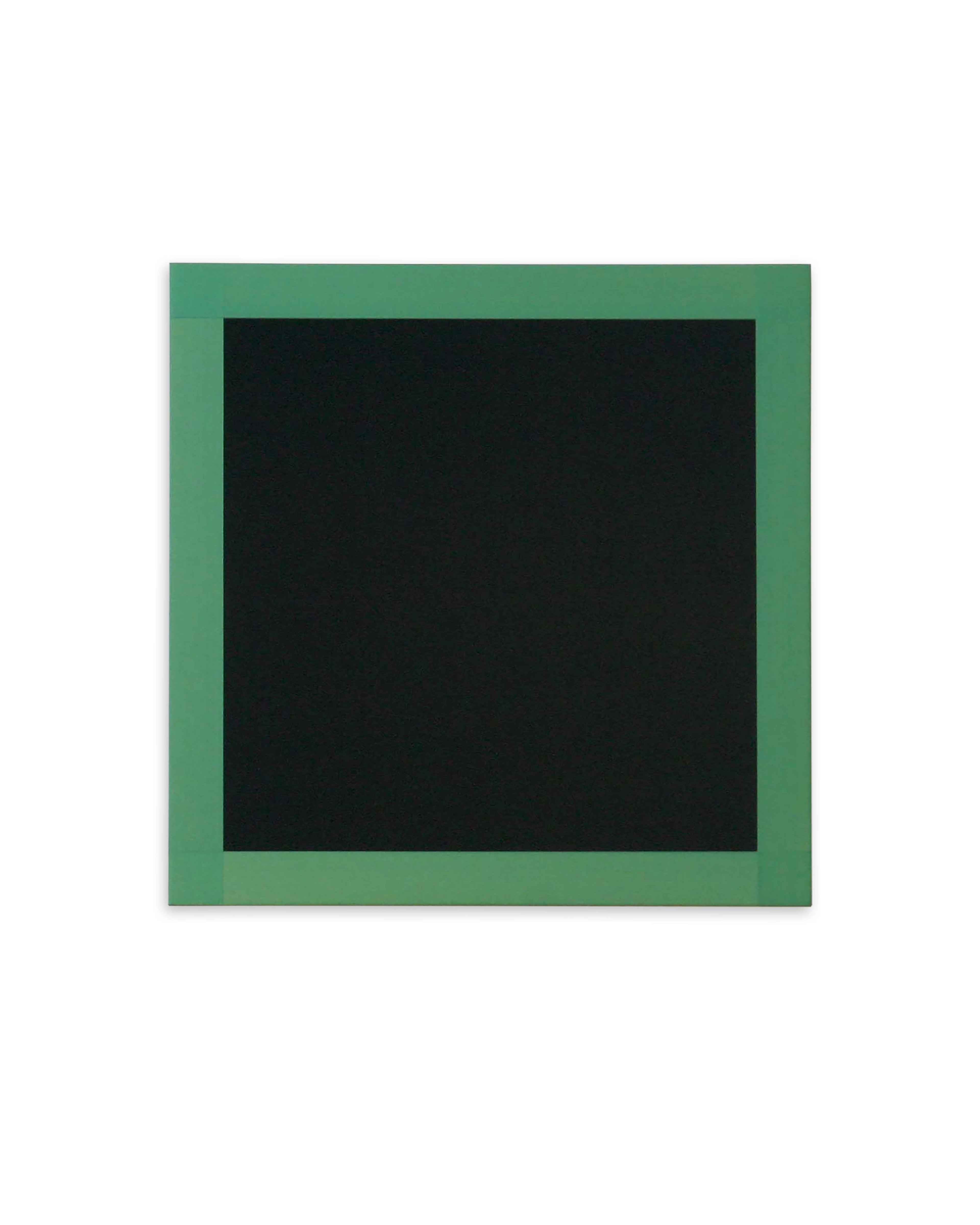 Geometric composition with a dark black square centered within a sage green square frame on MDF panel