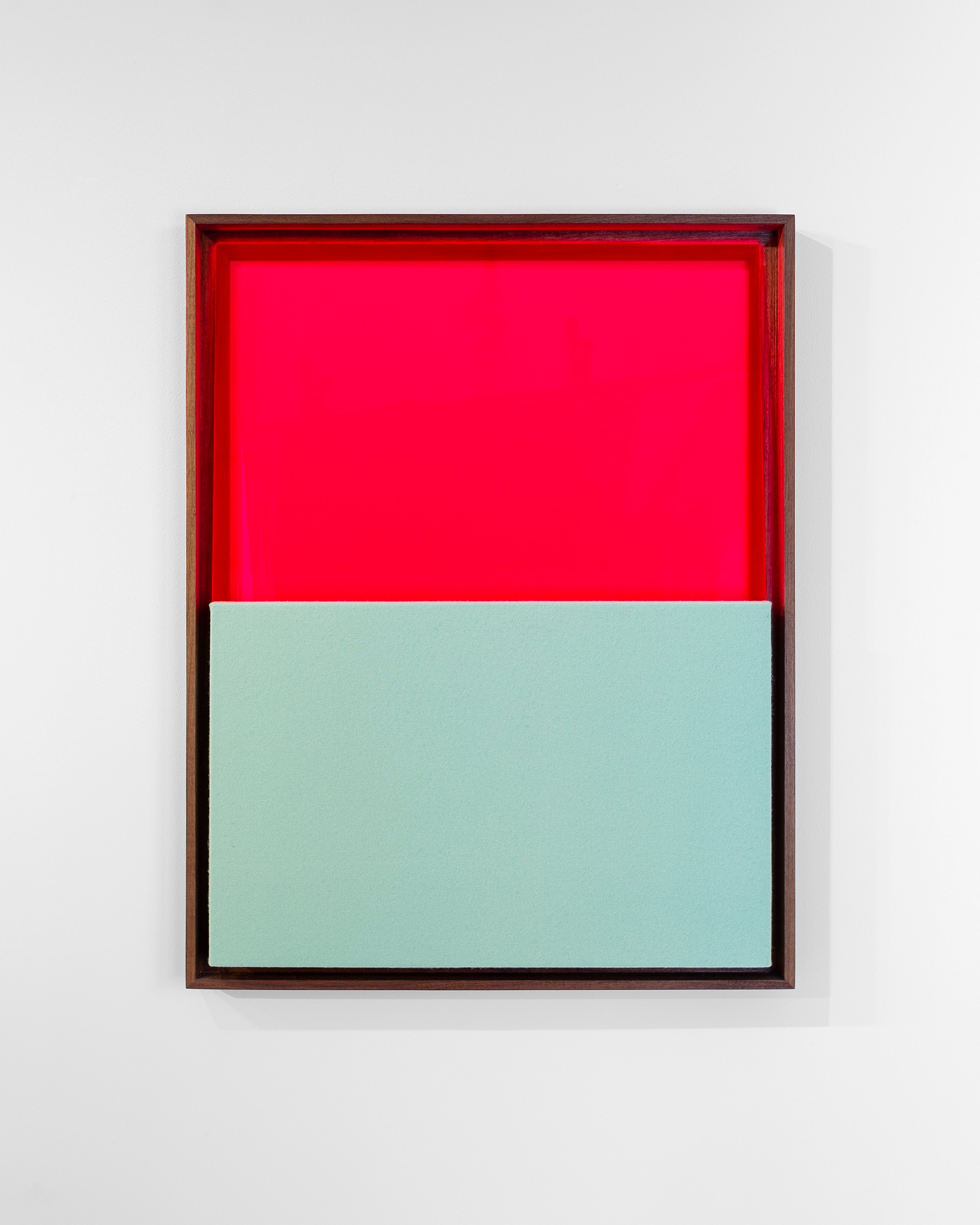 Wooden framed artwork with bright red perspex panel above pale green-blue perspex panel, creating a horizontal colour-block composition