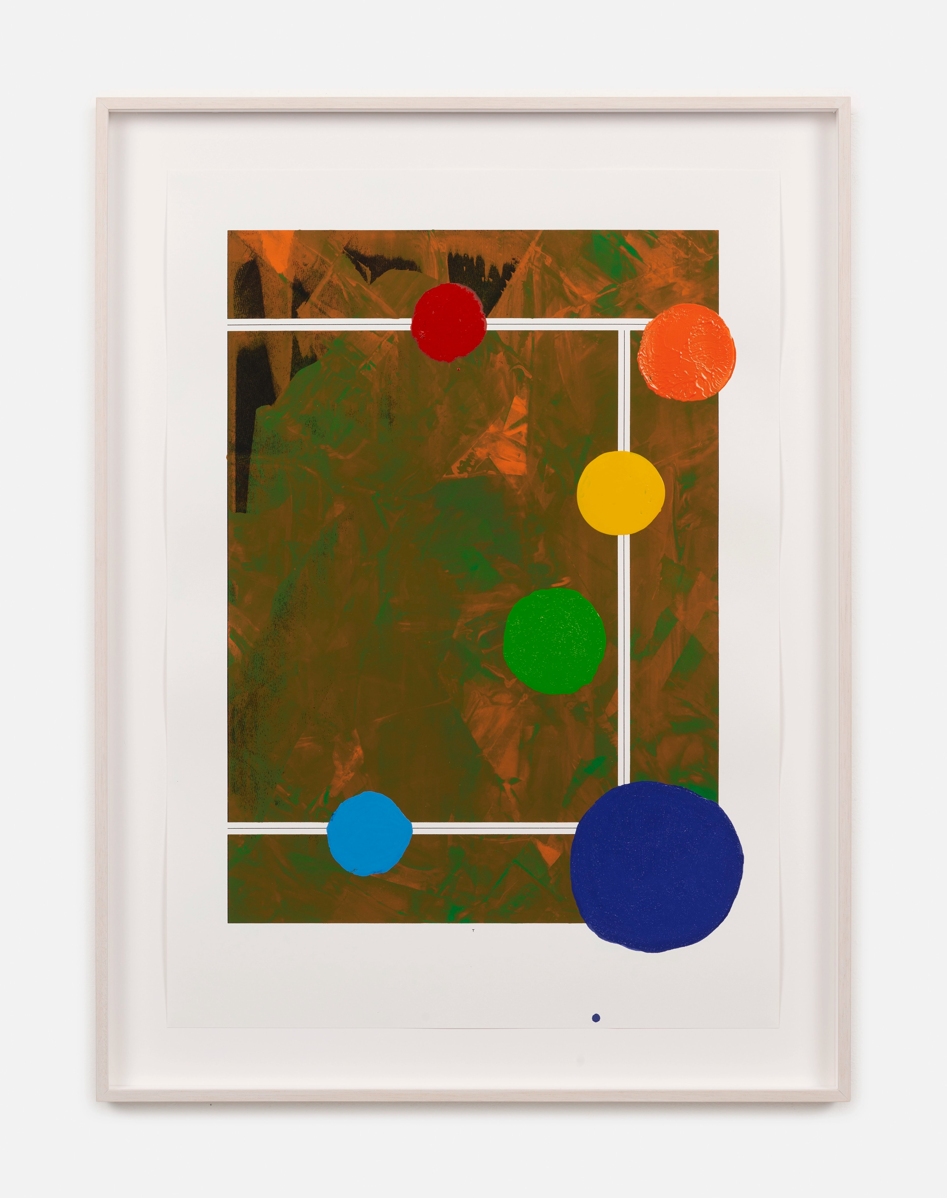 Screen print with layered orange, green, and brown tones overlaid with white geometric lines and six coloured circles—red, orange, yellow, green, cyan, and n…