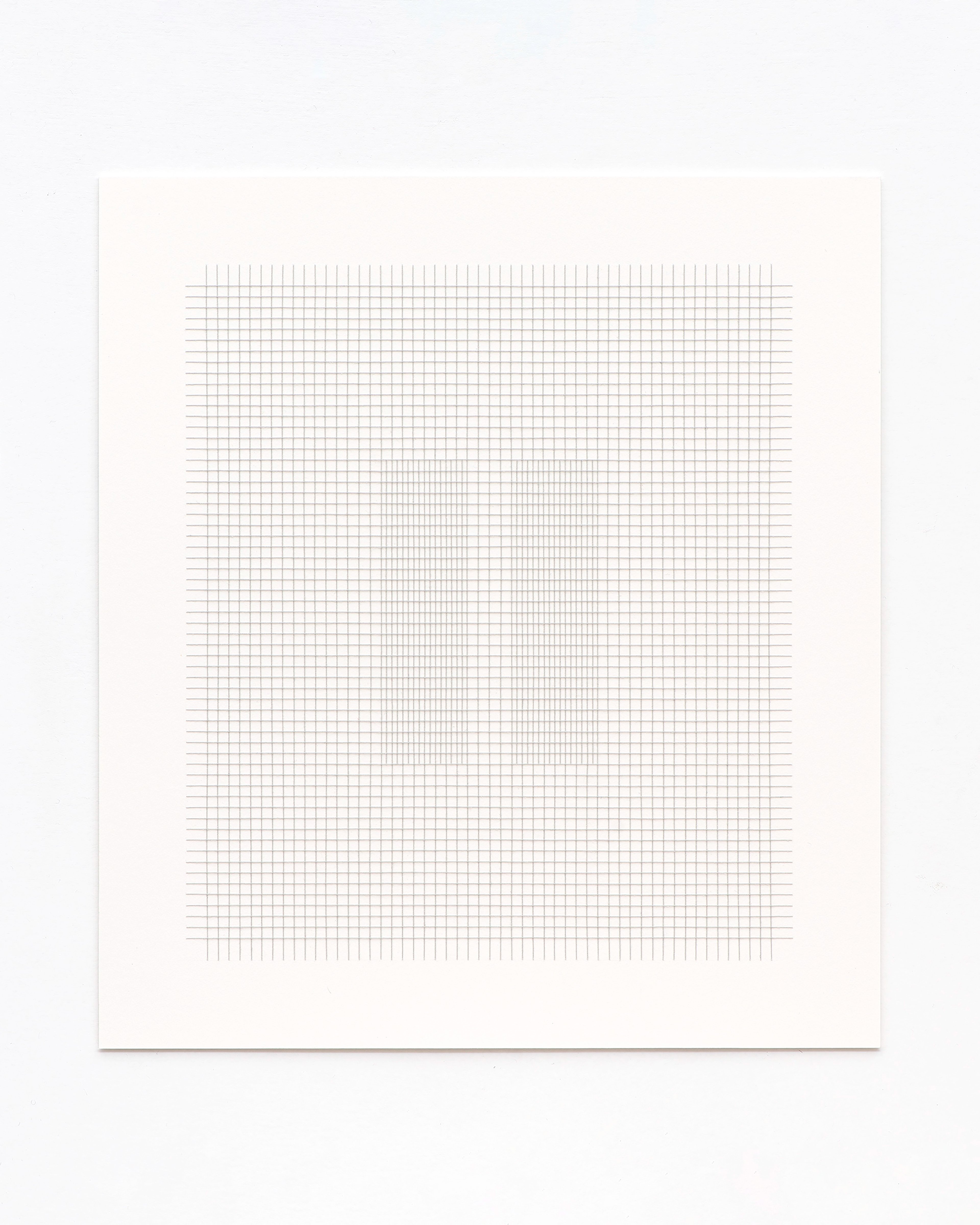 Fine grey thread arranged in a precise rectangular grid pattern on cream paper, created with thread and polymer varnish