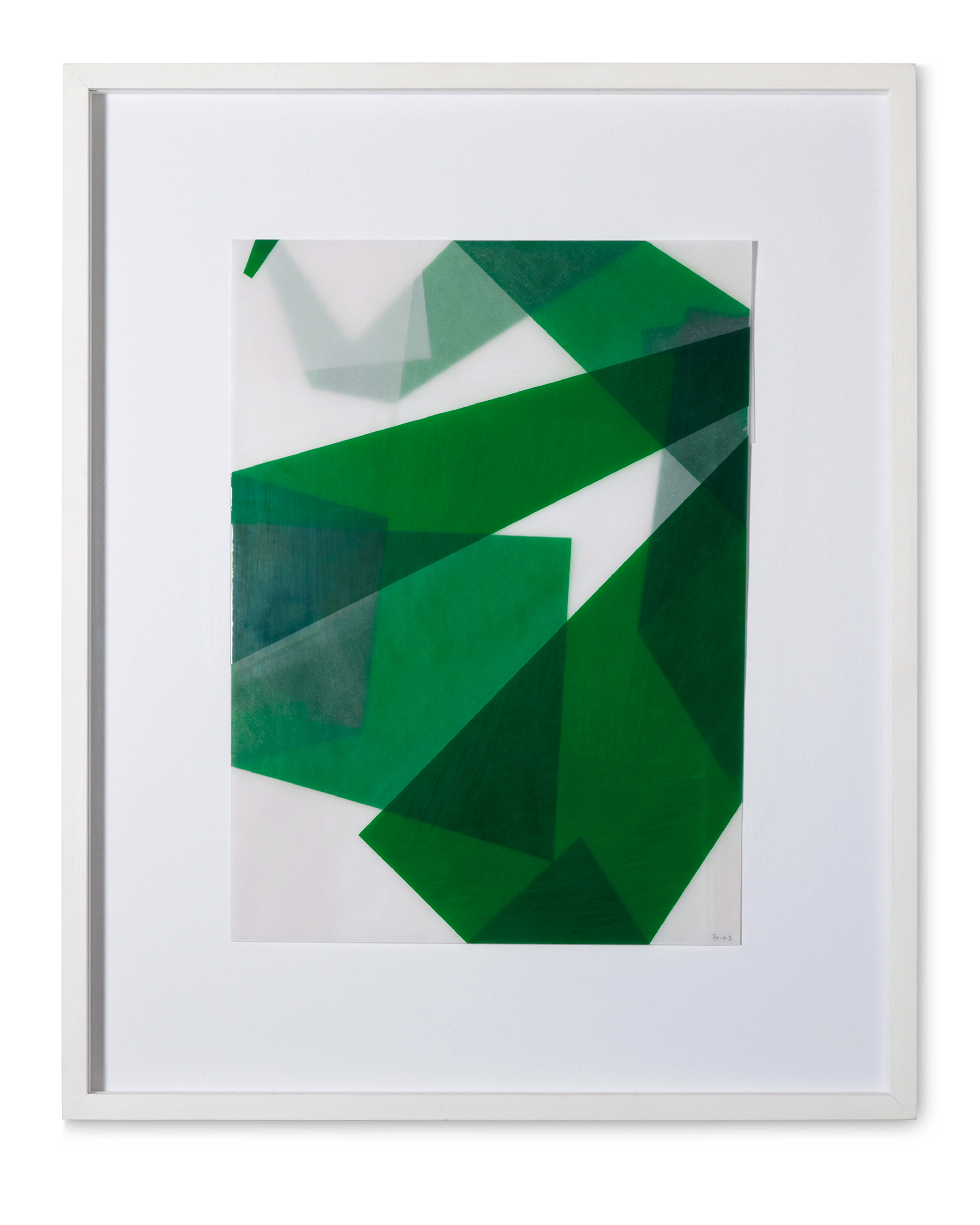Layered translucent planes of green and pale tracing paper create an abstract composition of intersecting geometric forms and diagonal folds mounted on white…