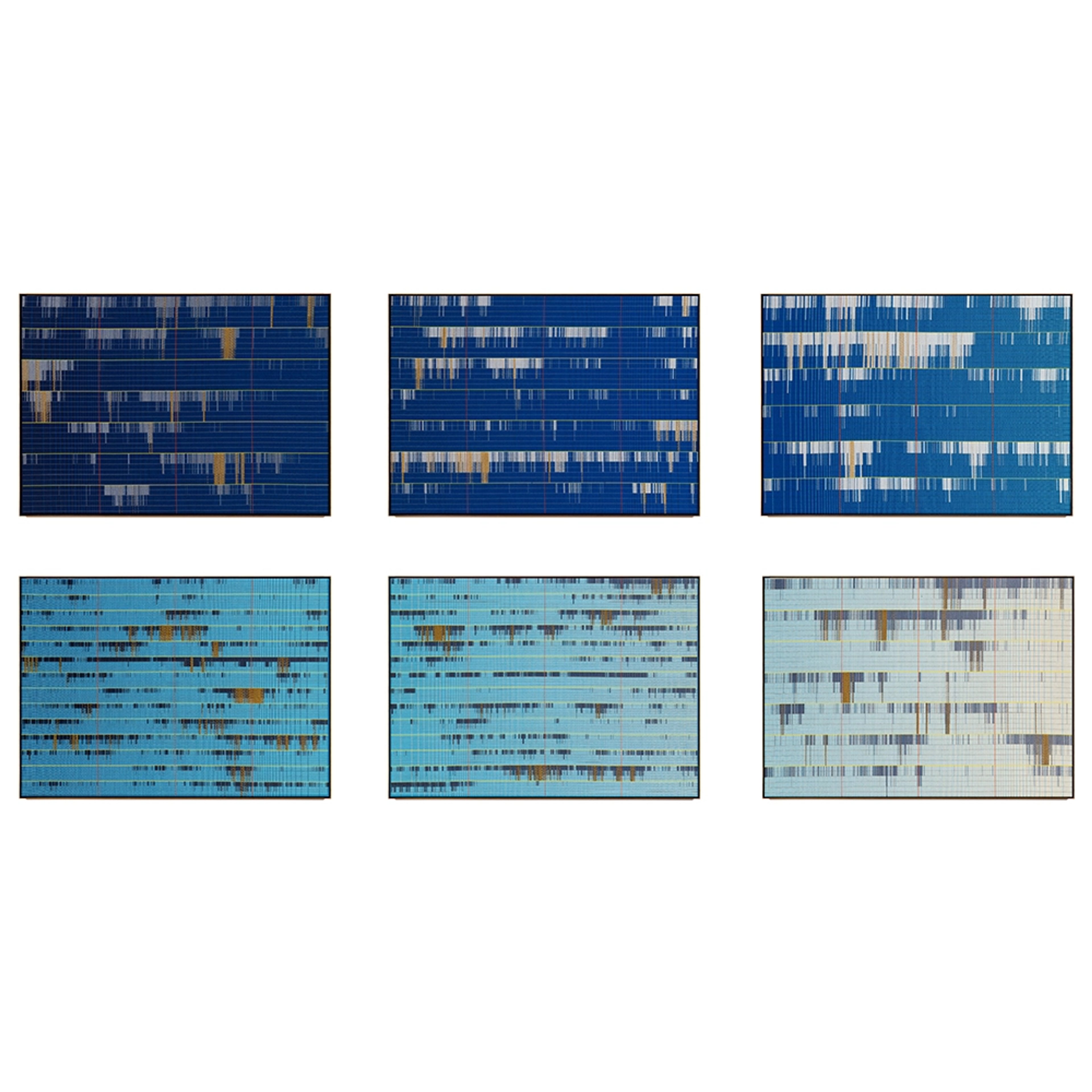 Six horizontal jacquard tapestries in deep blue to pale blue and cream, with scattered tan rectangles creating an abstract data-like pattern across woven hor…