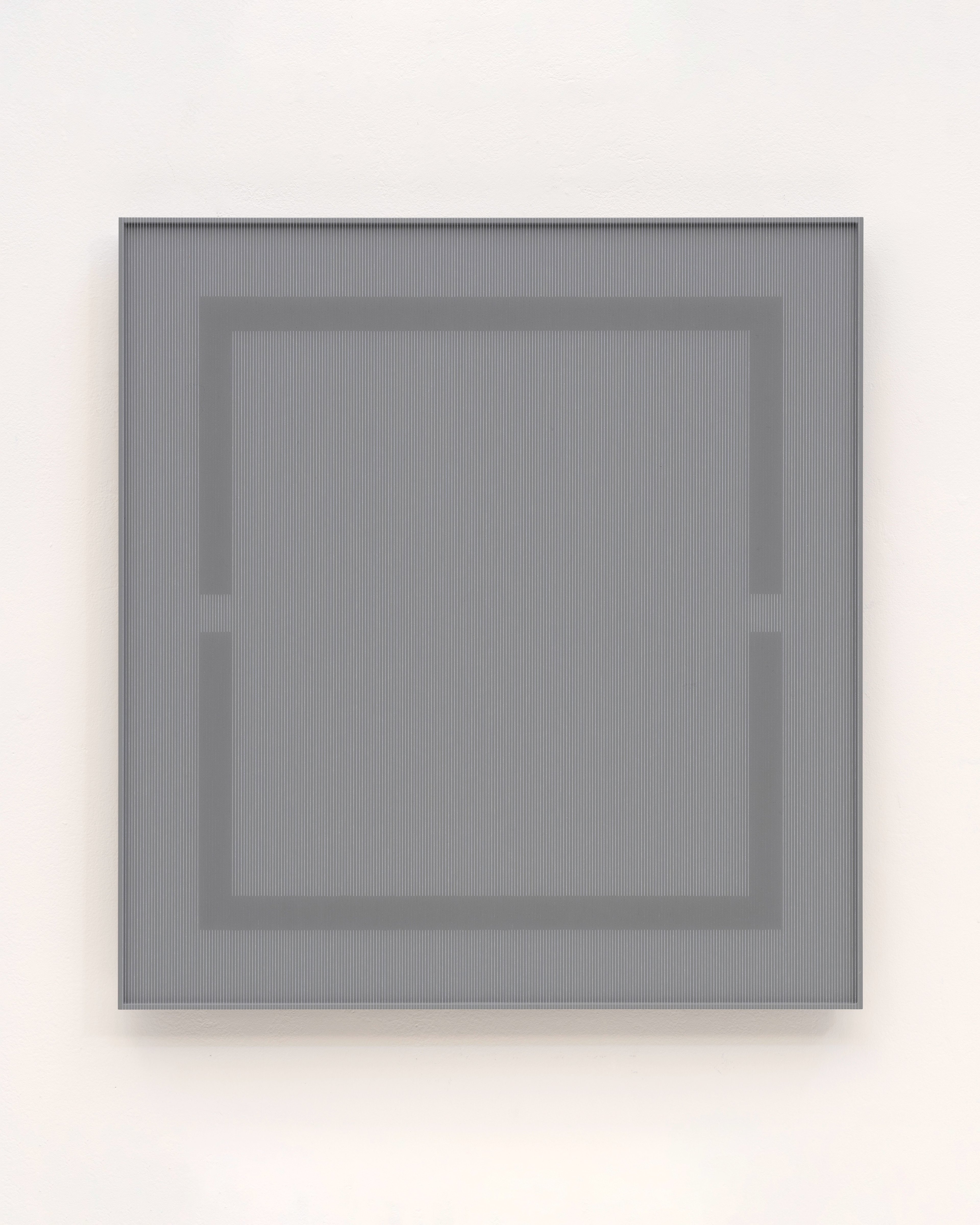 Grey monochromatic textile work with concentric rectangular frames created through fine parallel lines of thread and acrylic on aluminium panel
