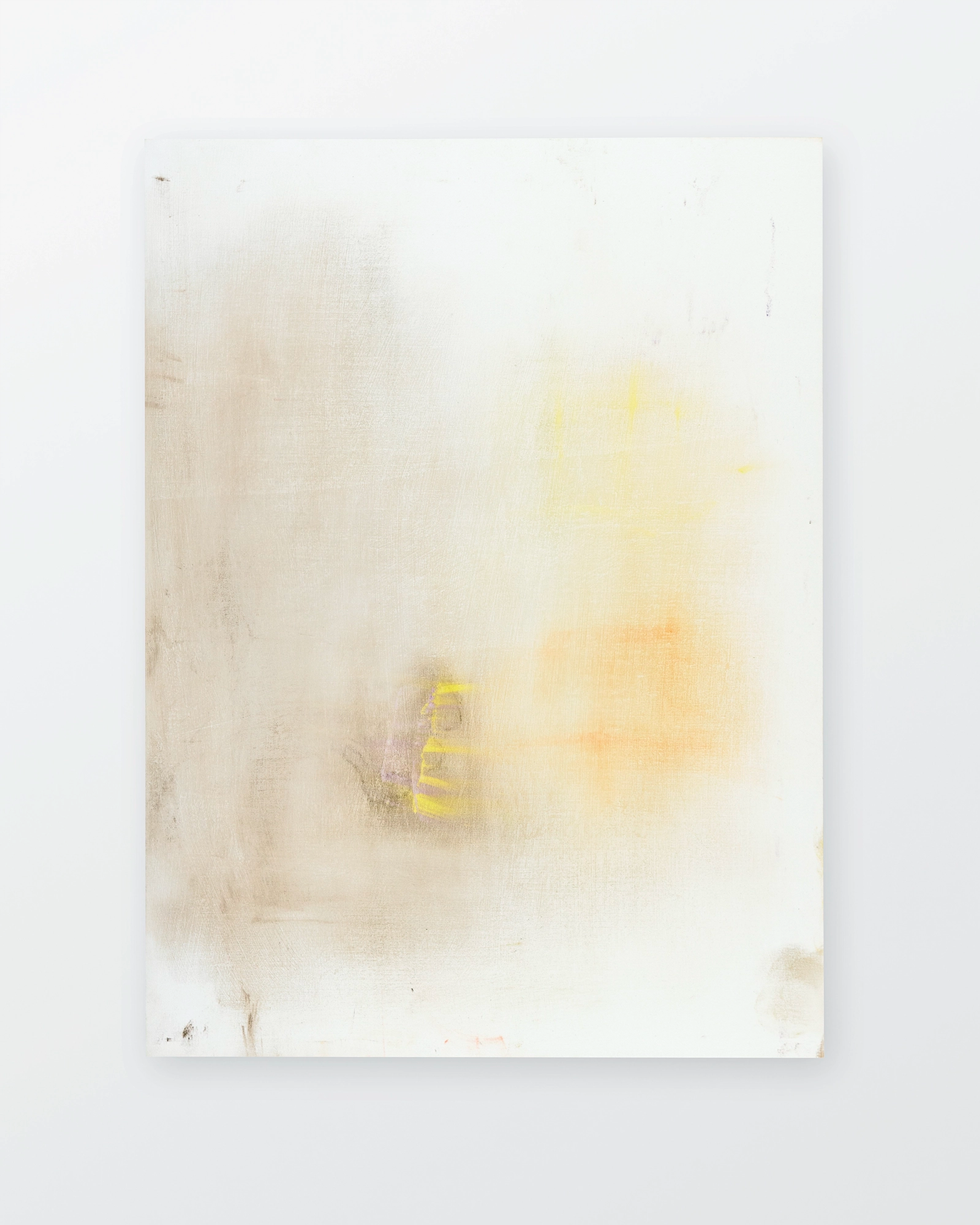 Soft pastel work on wood panel featuring diffused yellow and orange hues that dissolve into cream and beige tones, with delicate layered marks suggesting abs…