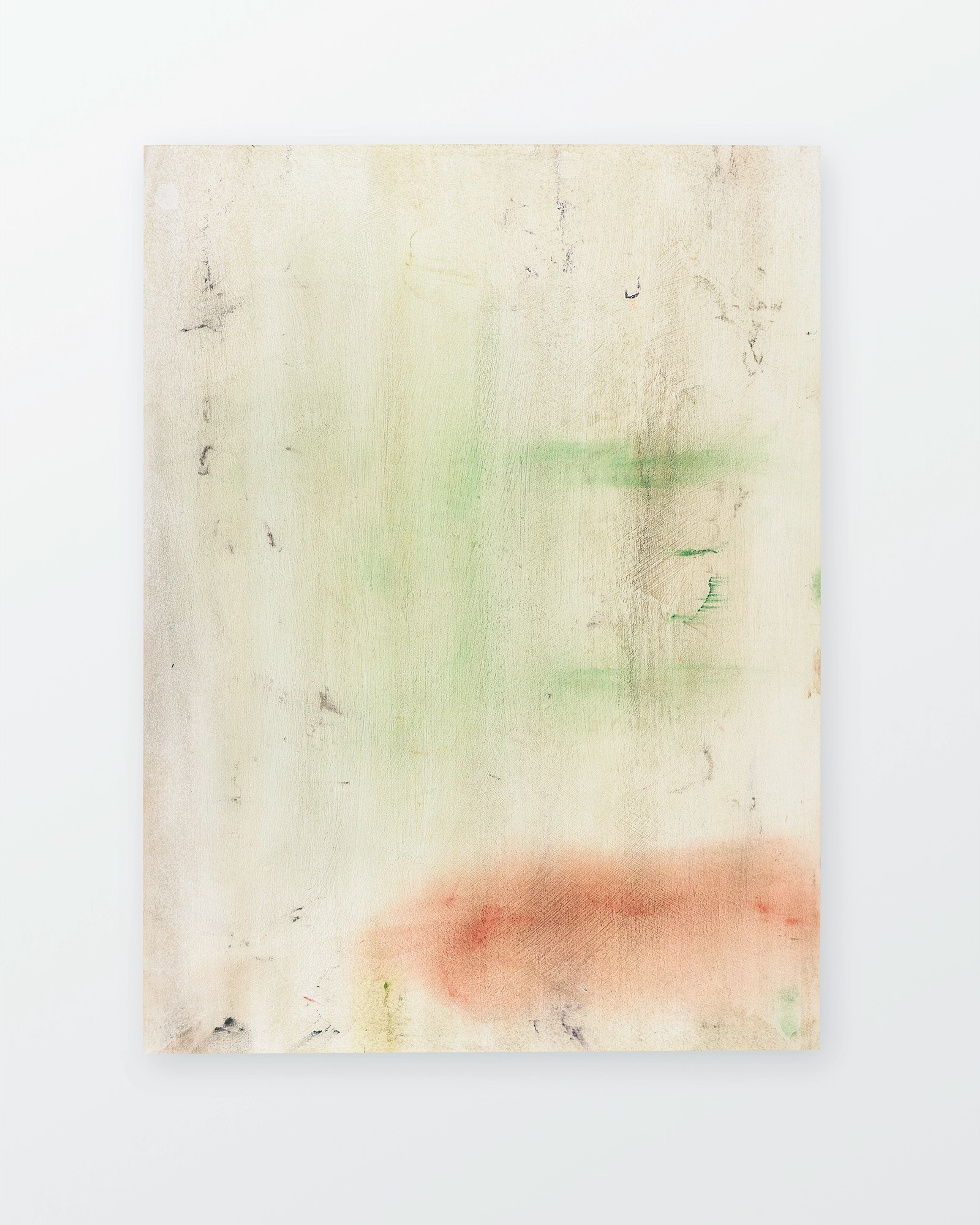 Cream-coloured wood panel with soft pastel marks in pale green and coral red, textured surface with visible scratches and weathering throughout