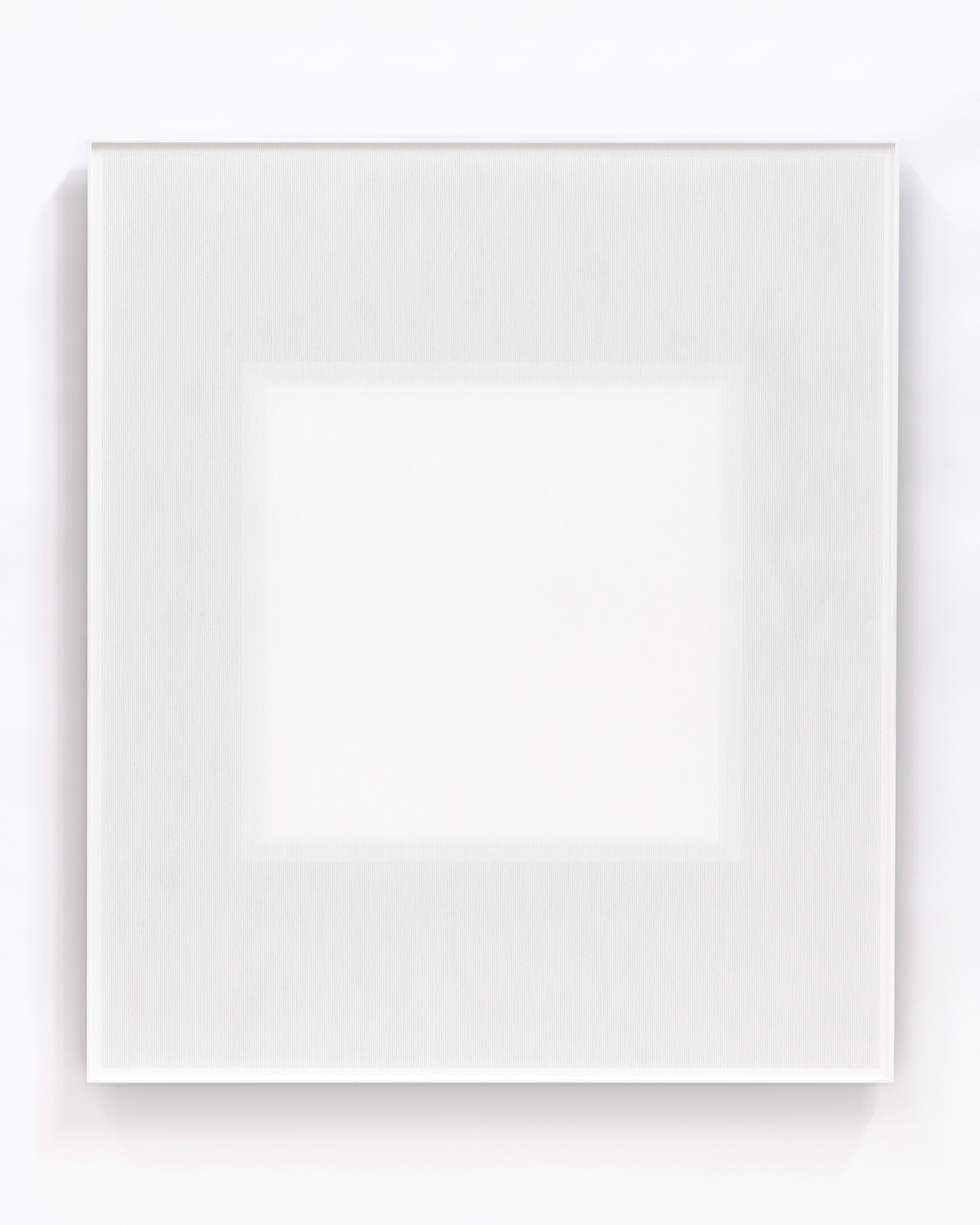 White square panel with fine vertical threads creating subtle texture, centered white rectangular void framed by densely threaded border on Dibond