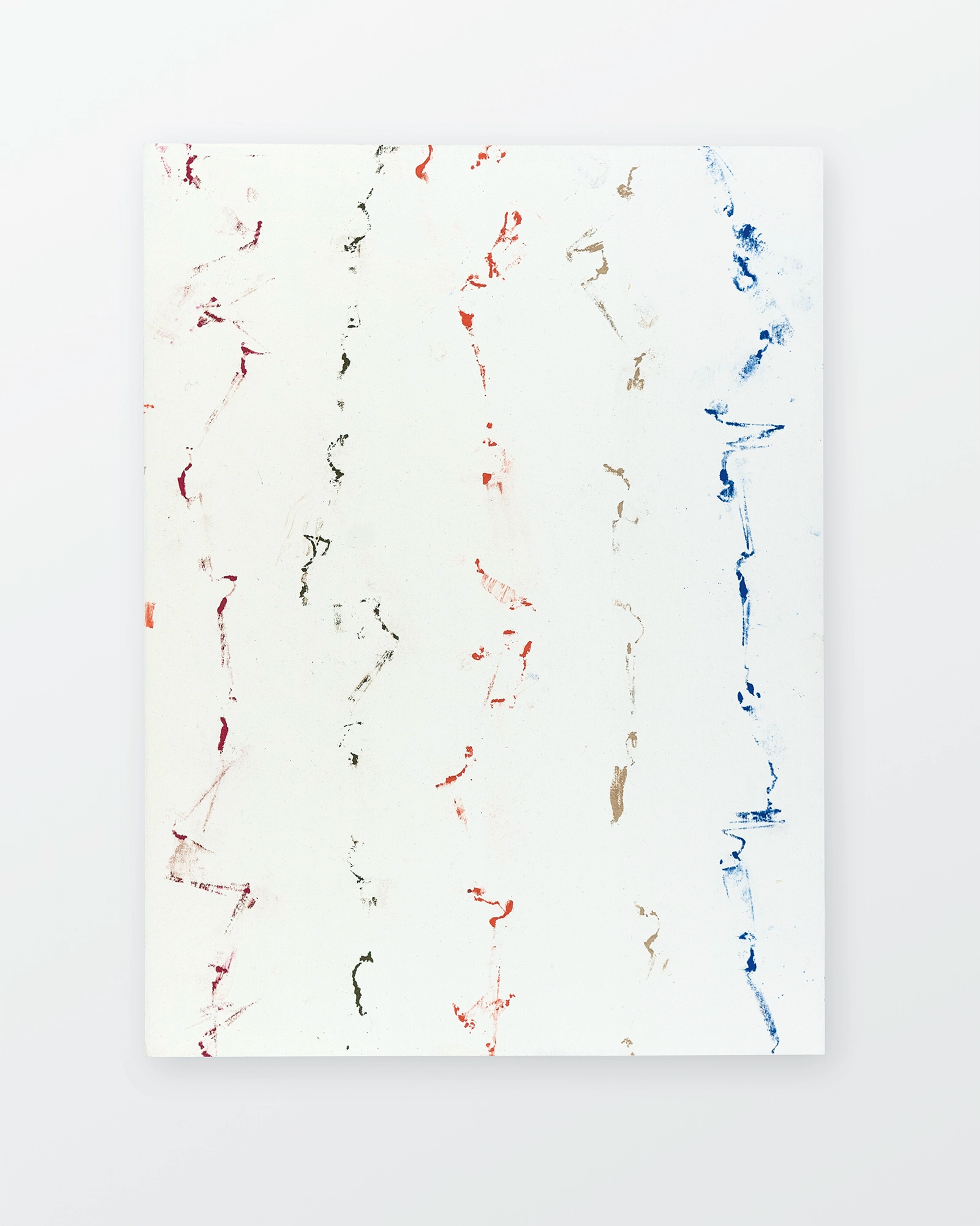White wooden panel with scattered gestural marks in red, blue, black, and tan pastel arranged in loose vertical columns across the composition