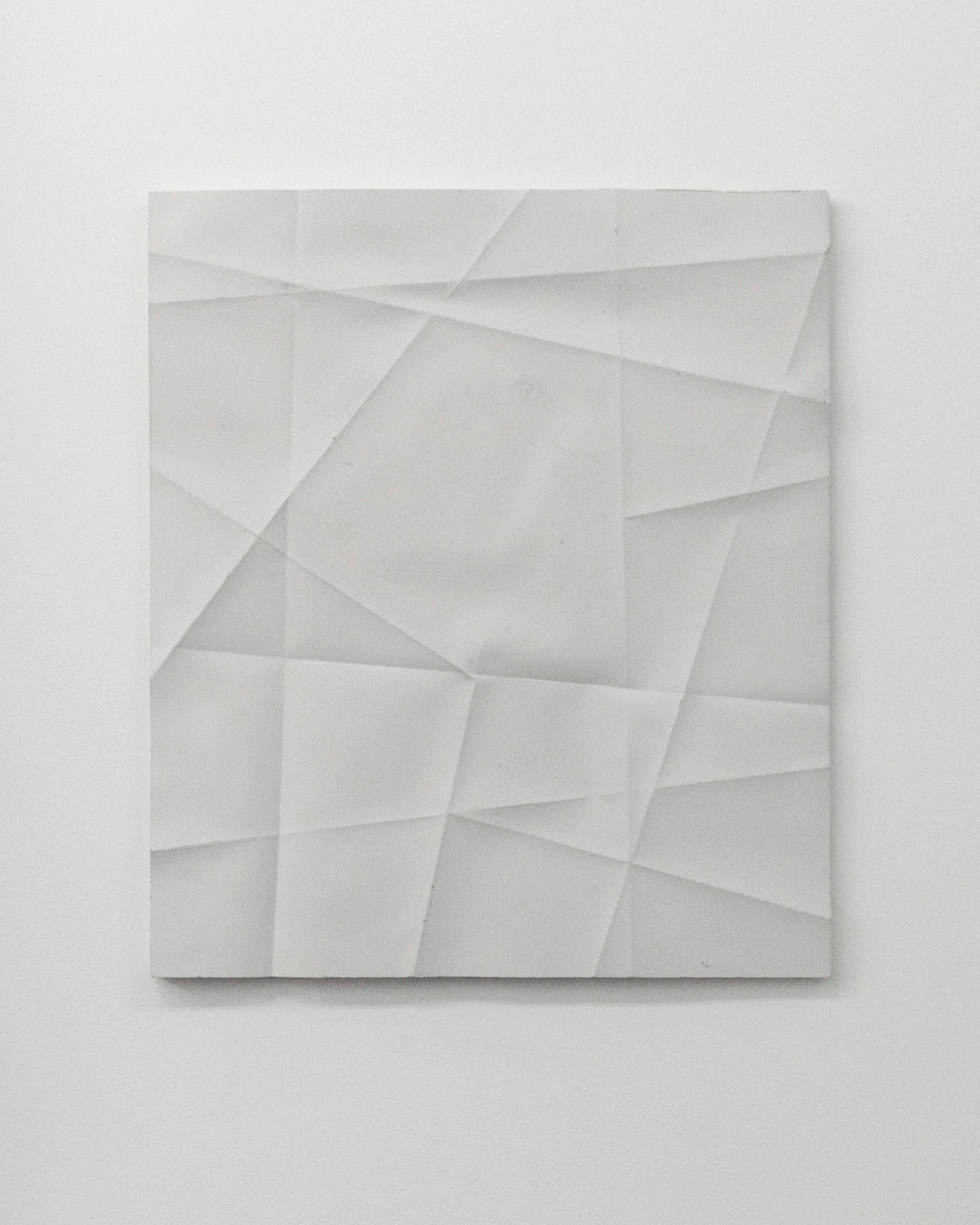 White plaster relief with folded and interlocking geometric planes creating subtle shadows and depth across a square composition