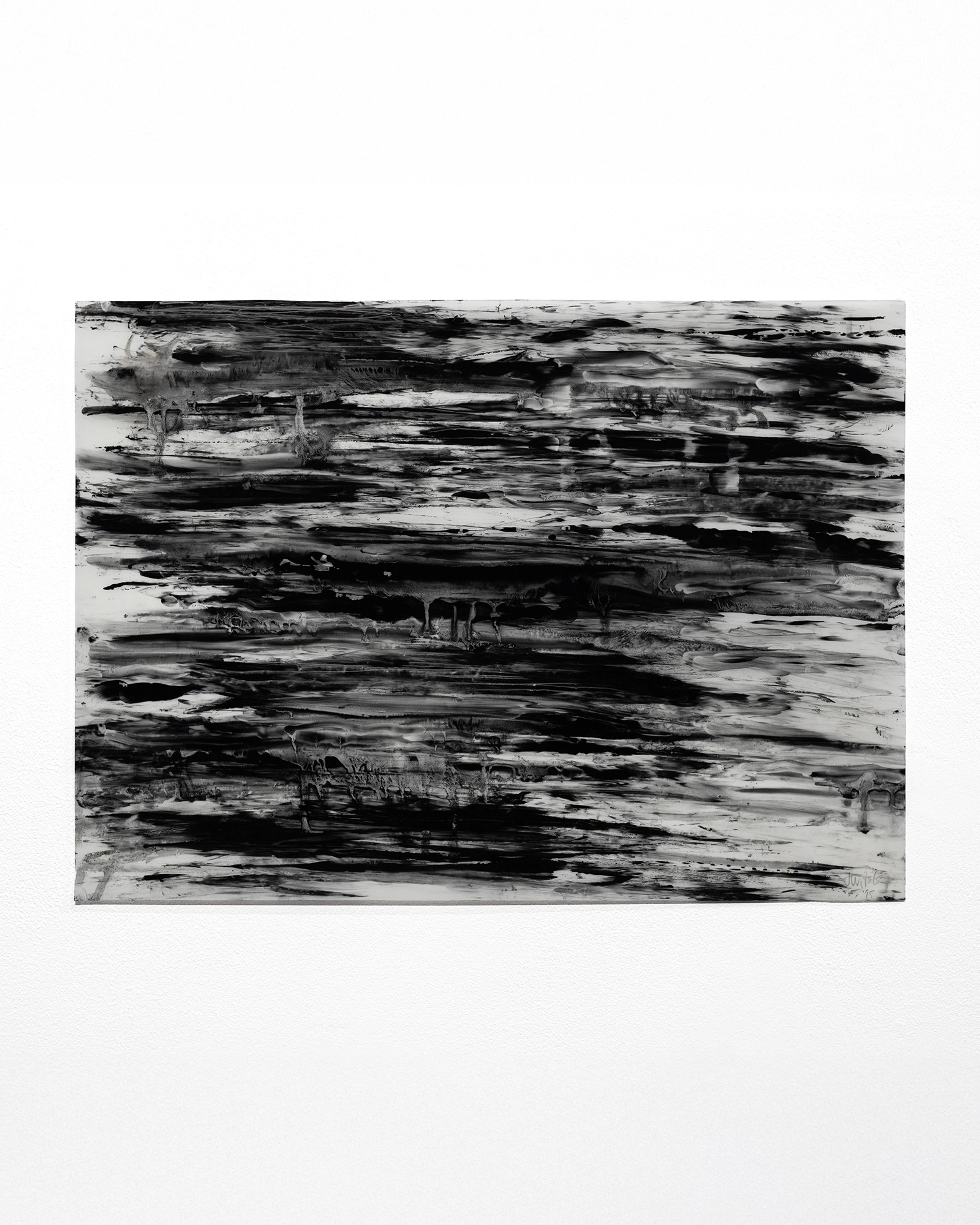 Horizontal abstract watercolour on film with dense black gestural marks and horizontal streaks across a light grey ground, creating layered, energetic moveme…