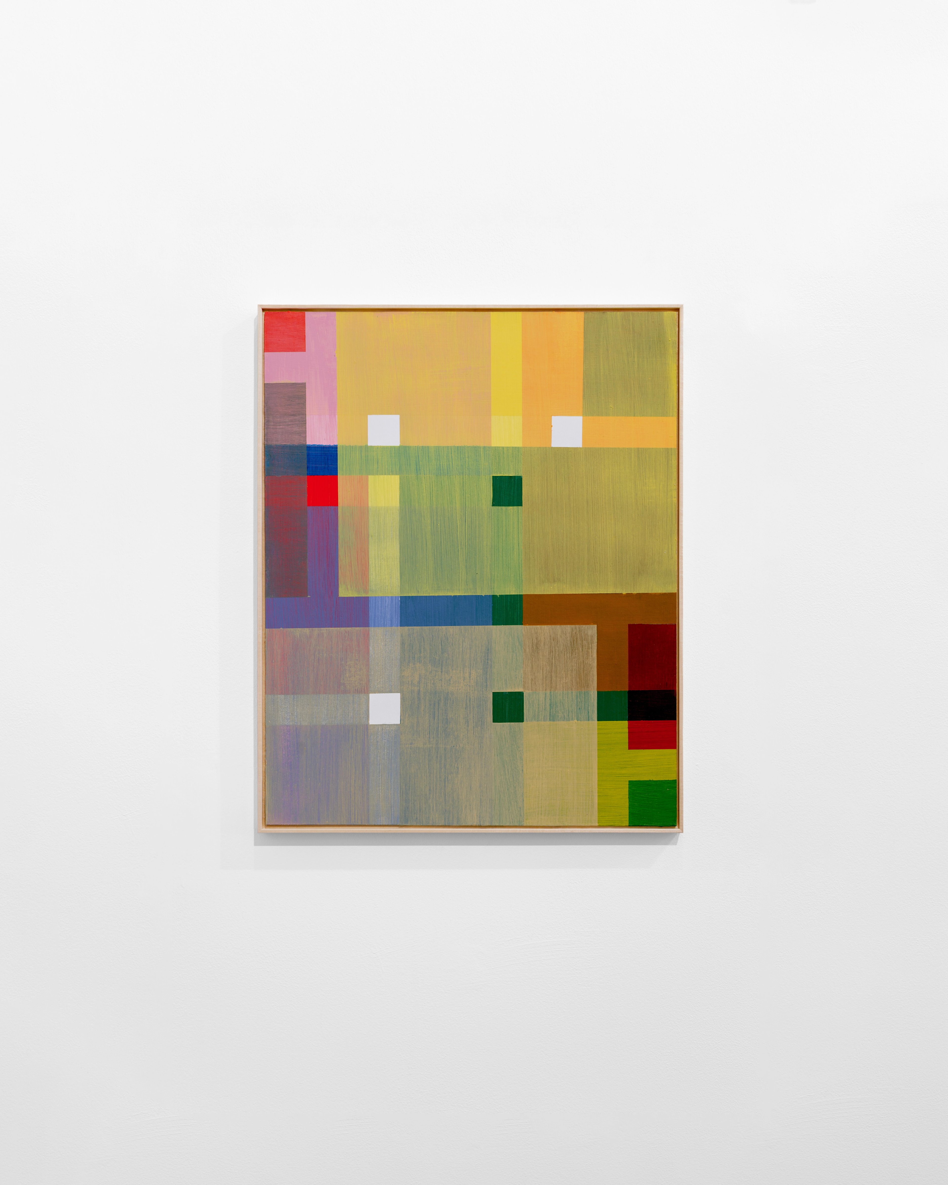 Abstract acrylic composition on wood panel with layered horizontal and vertical bands of muted yellows, greens, browns, reds, and blues, punctuated by small…