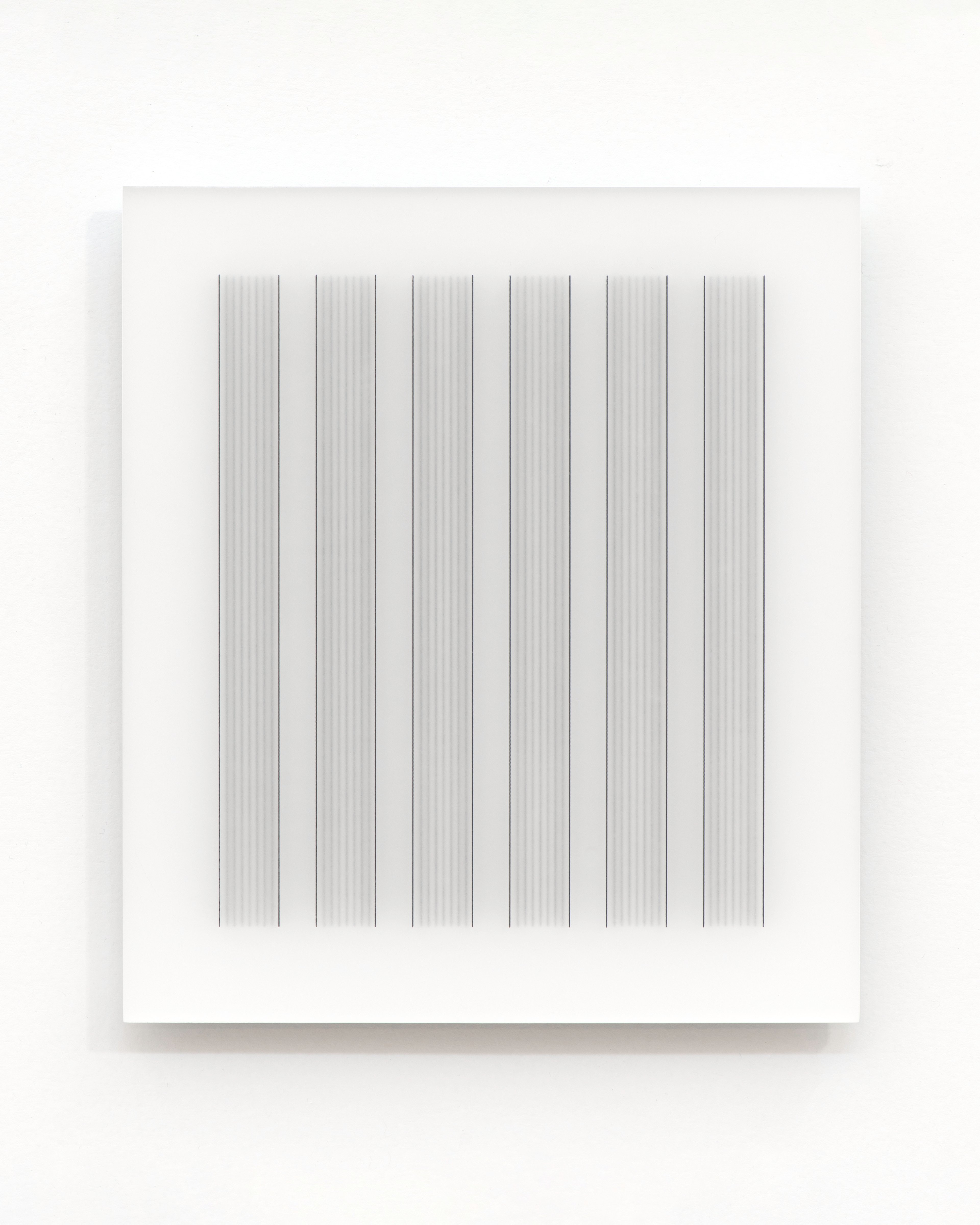 Acrylic paint applied in precise vertical grey lines across a white acrylic panel, creating a rhythmic linear composition.