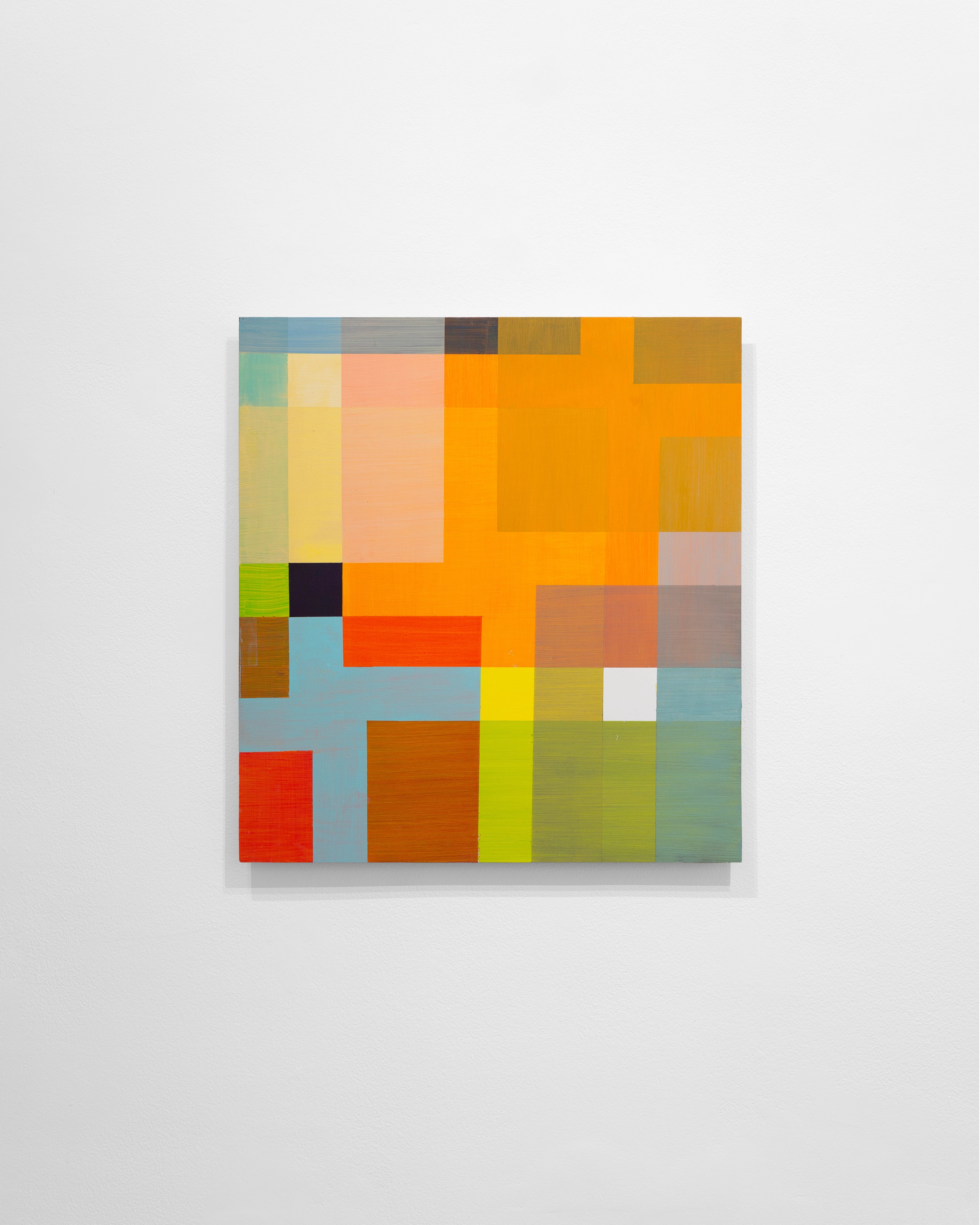 Abstract acrylic composition of irregular colour-block rectangles in orange, yellow, red, green, blue, and grey tones on white MDF panel.