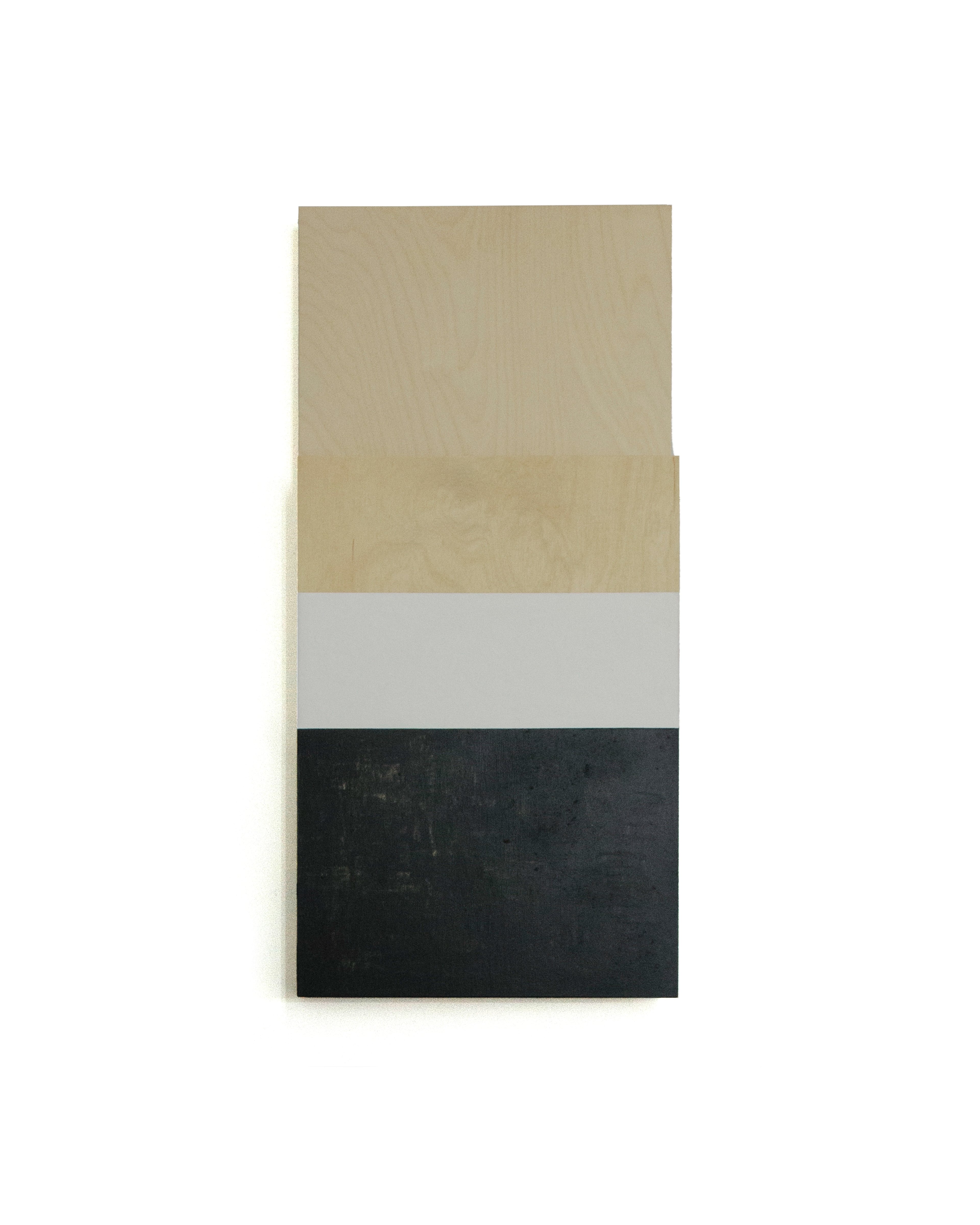 Vertical plywood panel with horizontal bands of beige, tan, light gray, and charcoal black, created with acrylic, pencil, charcoal and beeswax