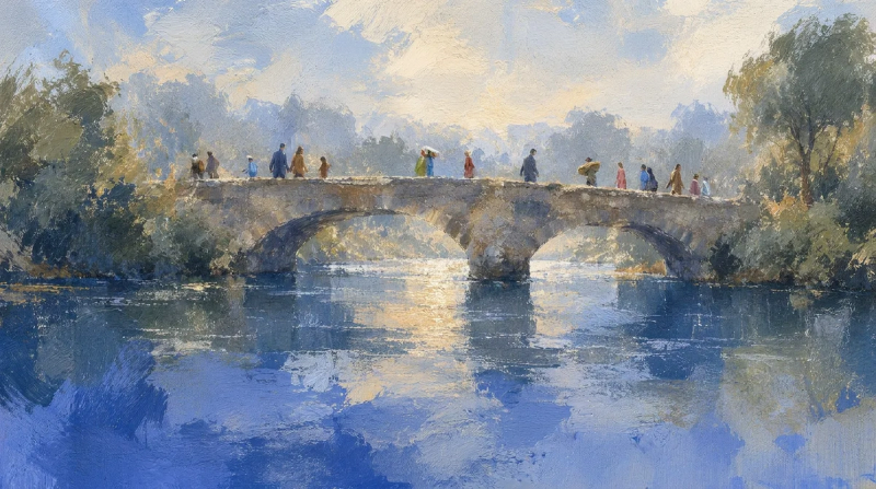 A group of people walking across a bridge, over a blue river, in the style of an impressionist painting.