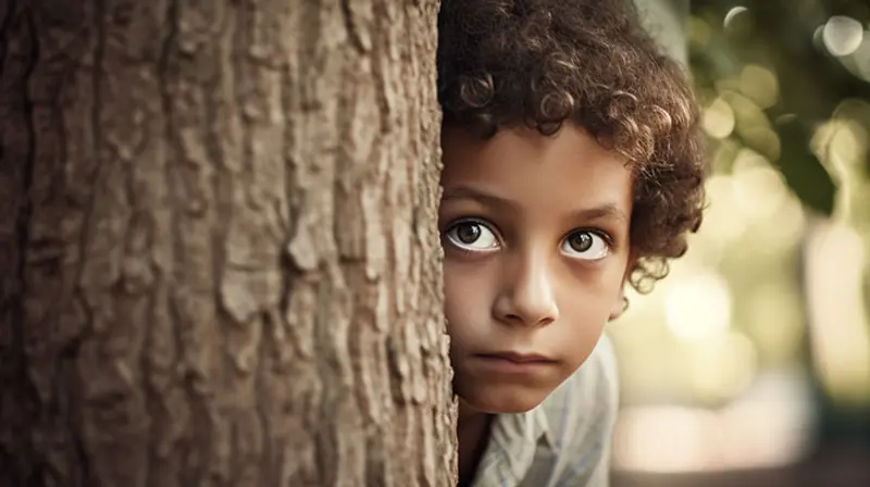A shy little boy peeking out from behind a tree.