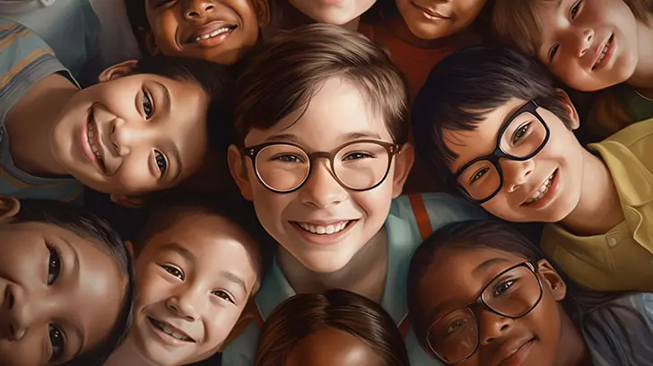 A child once shy, lies down facing upwards taking a photo with all his friends.