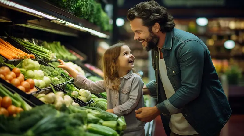 Parent and child choosing healthy food options together, setting a positive example.