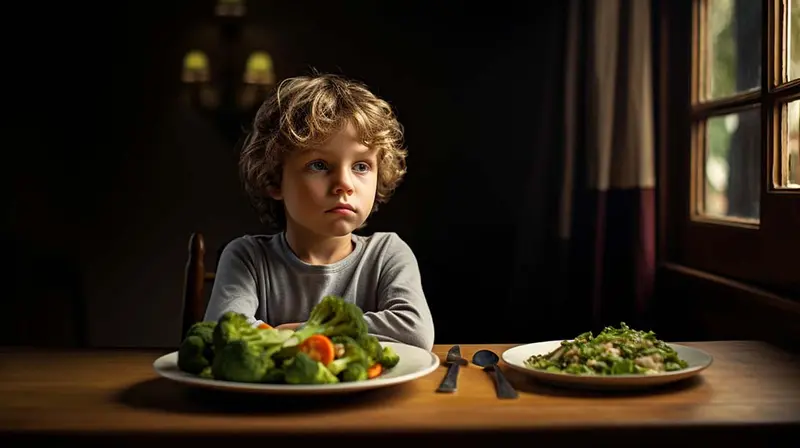 Child looking skeptically on in front of a plate of vegetables, embodying picky eating behavior.