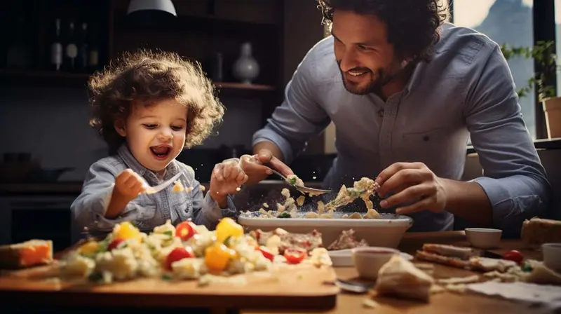 Photo of a child exploring food textures with curiosity during mealtime, in a supportive environment --ar 16:9 --r 3