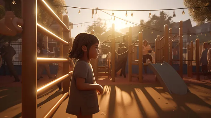 A shy little girl stepping out into a playground with other kids.