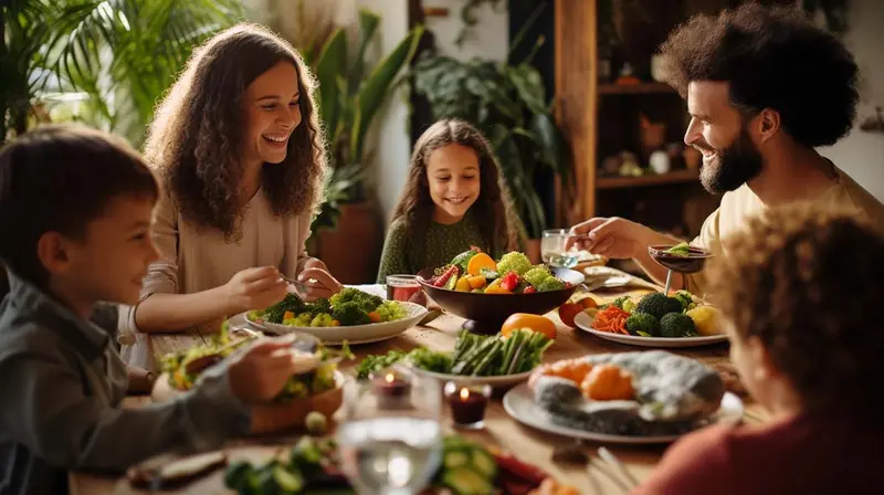 Mum, dad and kids having dinner filled with engaging conversations, promoting comfort and connection.