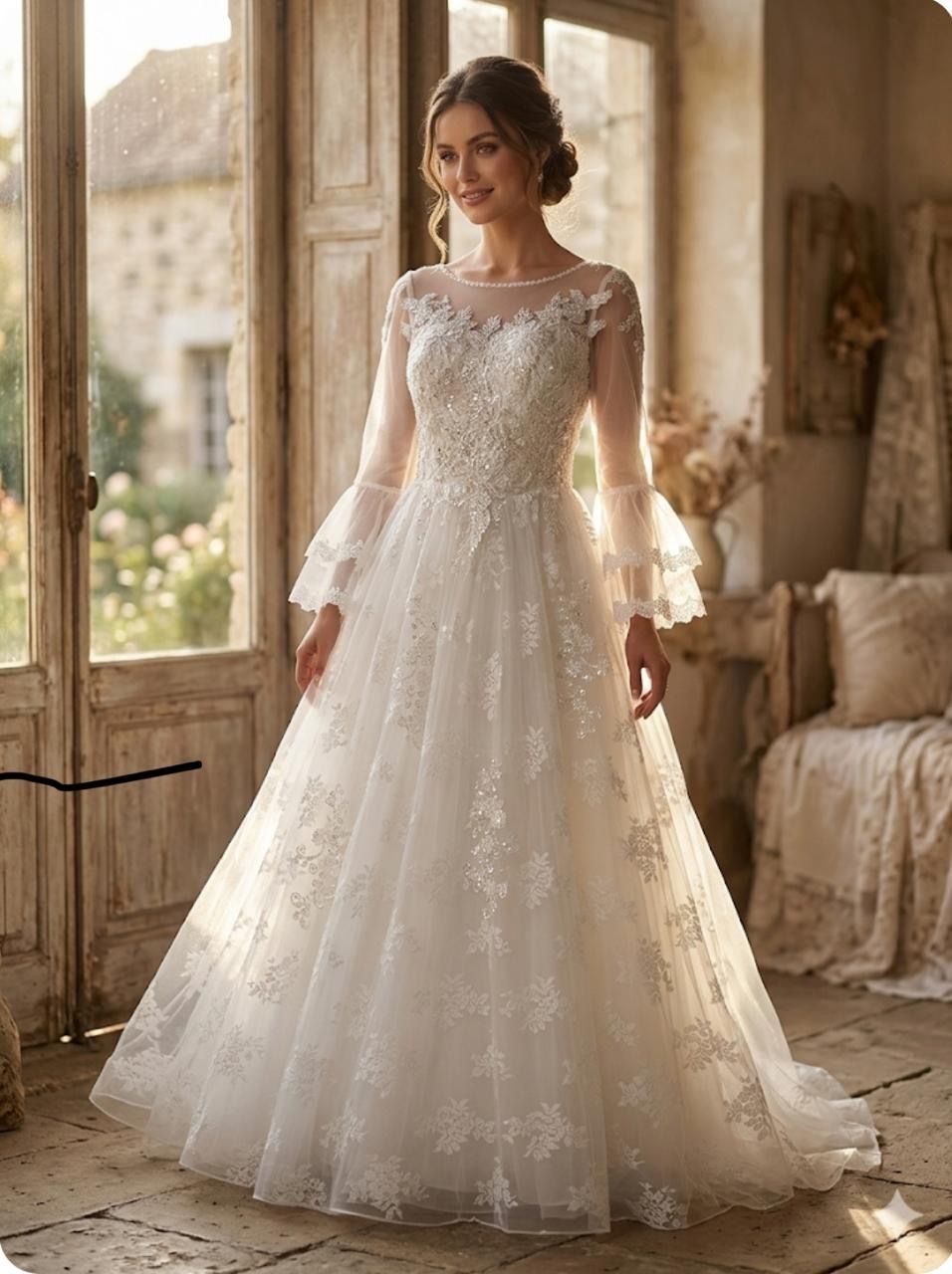 Romantic Lace A-Line Wedding Gown with Bell Sleeves
