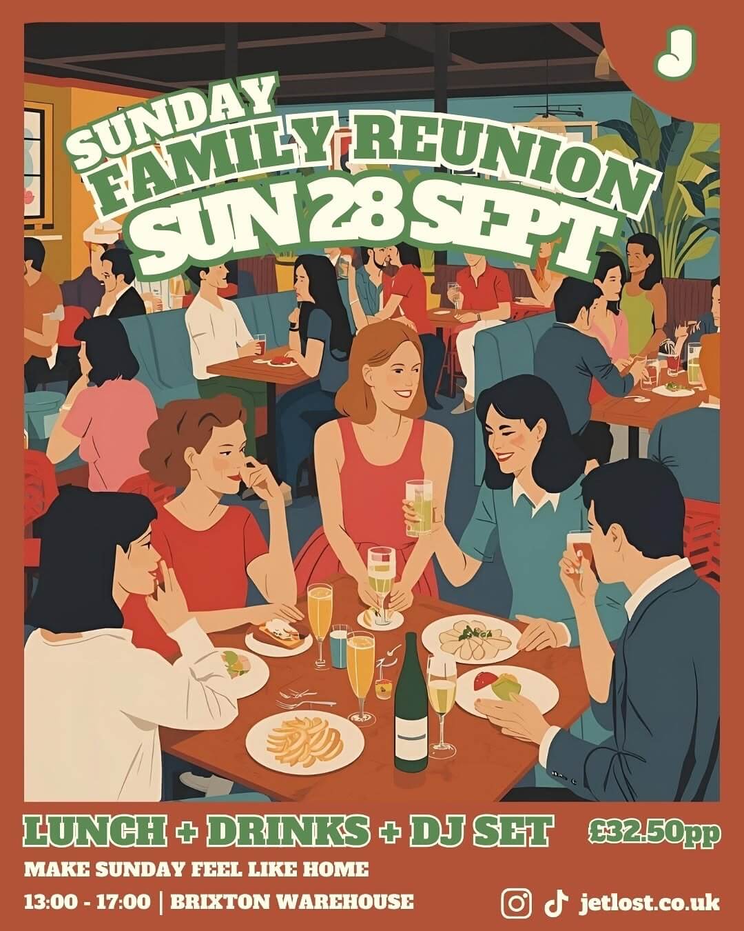 “Poster for Jetlost Sunday Family Reunion event at Brixton Warehouse, featuring communal lunch, drinks and DJ set.”