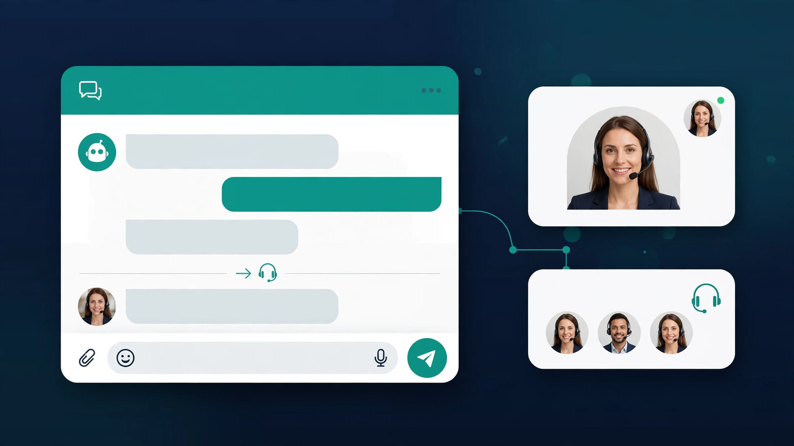 Chatbot interface surrounded by development, integration and maintenance icons
