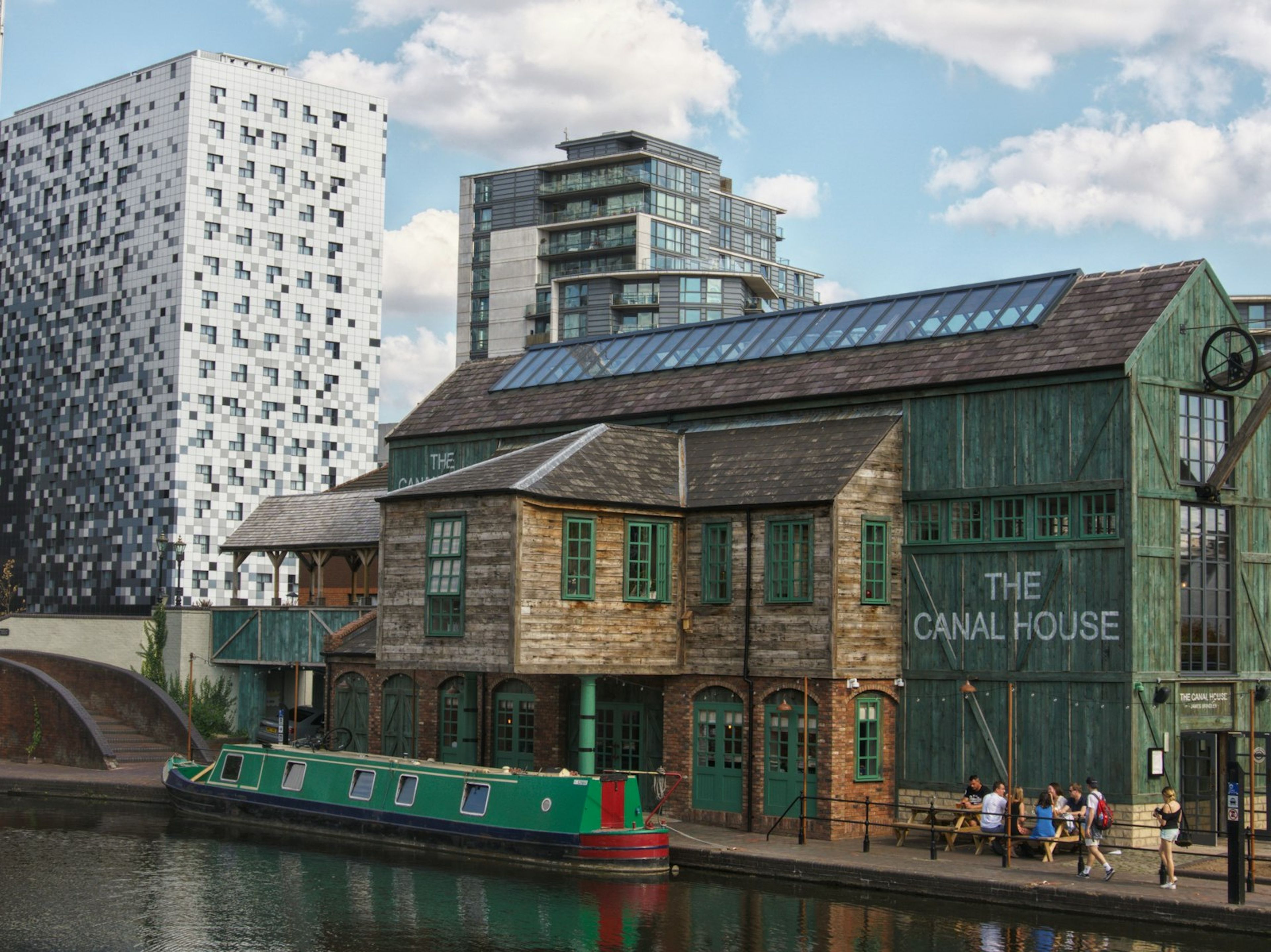 Canal boats and buildings at Brindleyplace, Birmingham