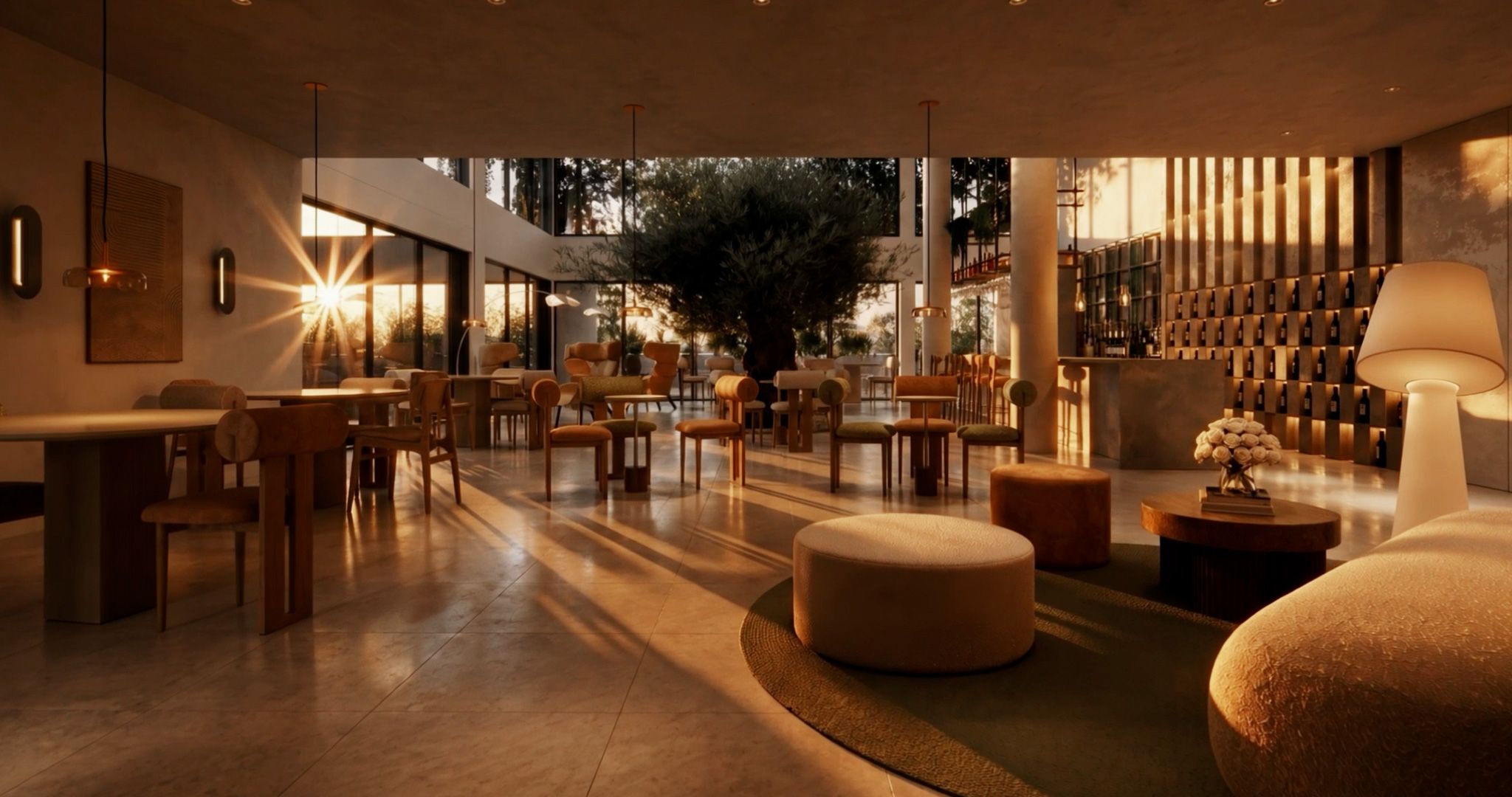 Architectural visualisation of a warm, contemporary BRONTË lounge and shared social space.