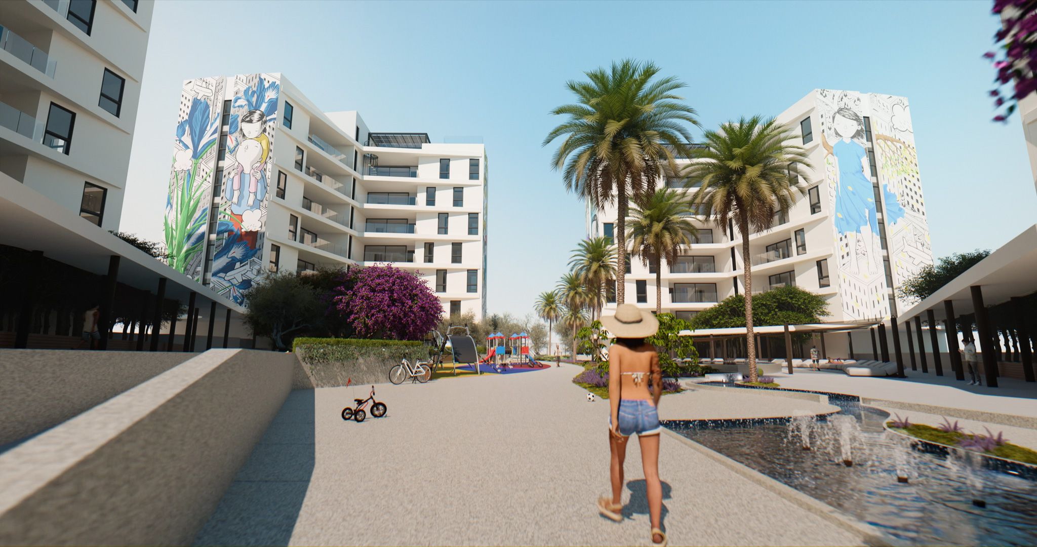 3D view of the landscaped Art Square courtyard surrounded by residential buildings and murals.