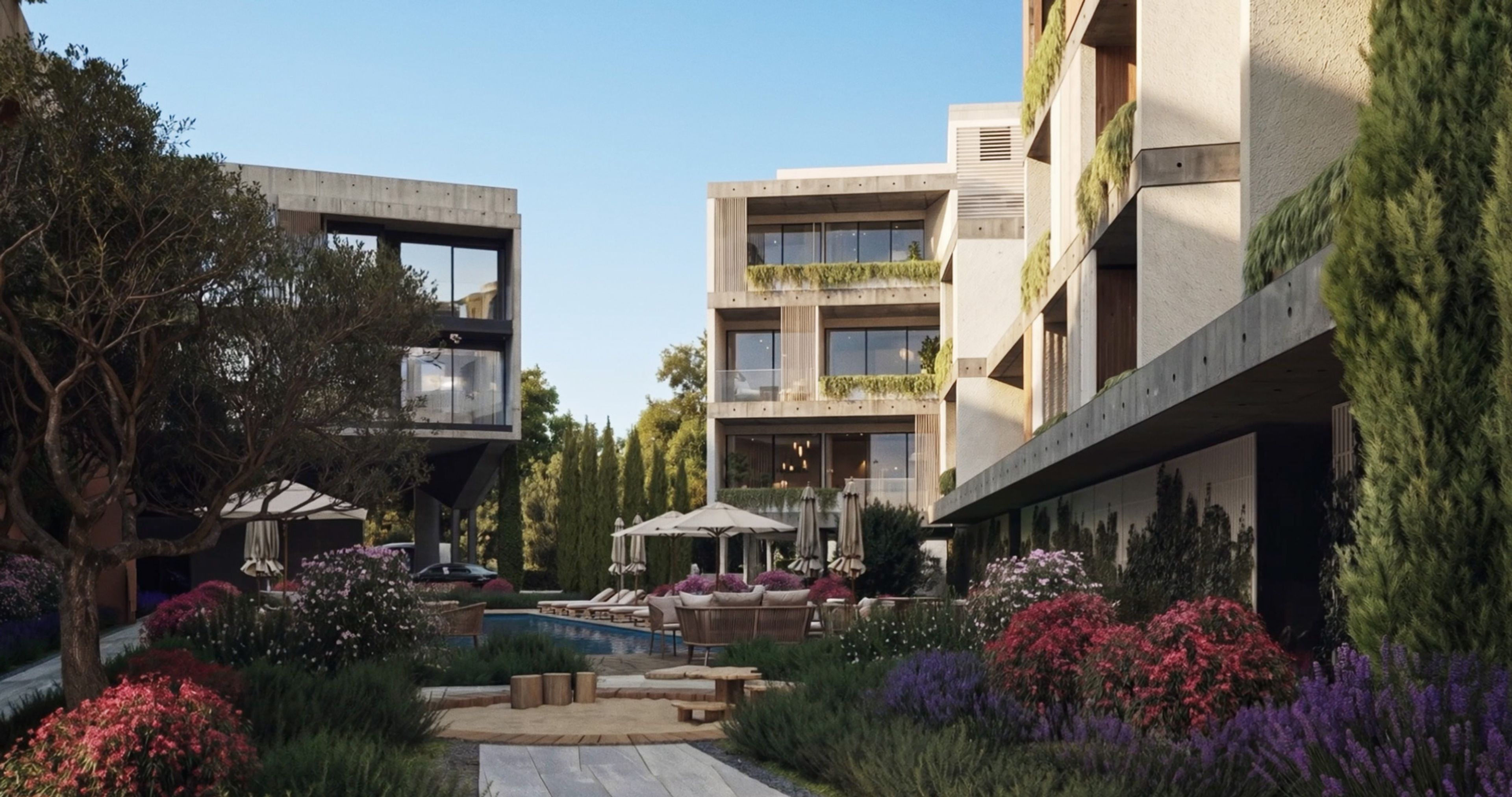 Architectural visualisation of the landscaped BRONTË courtyard, residential buildings and swimming pool.