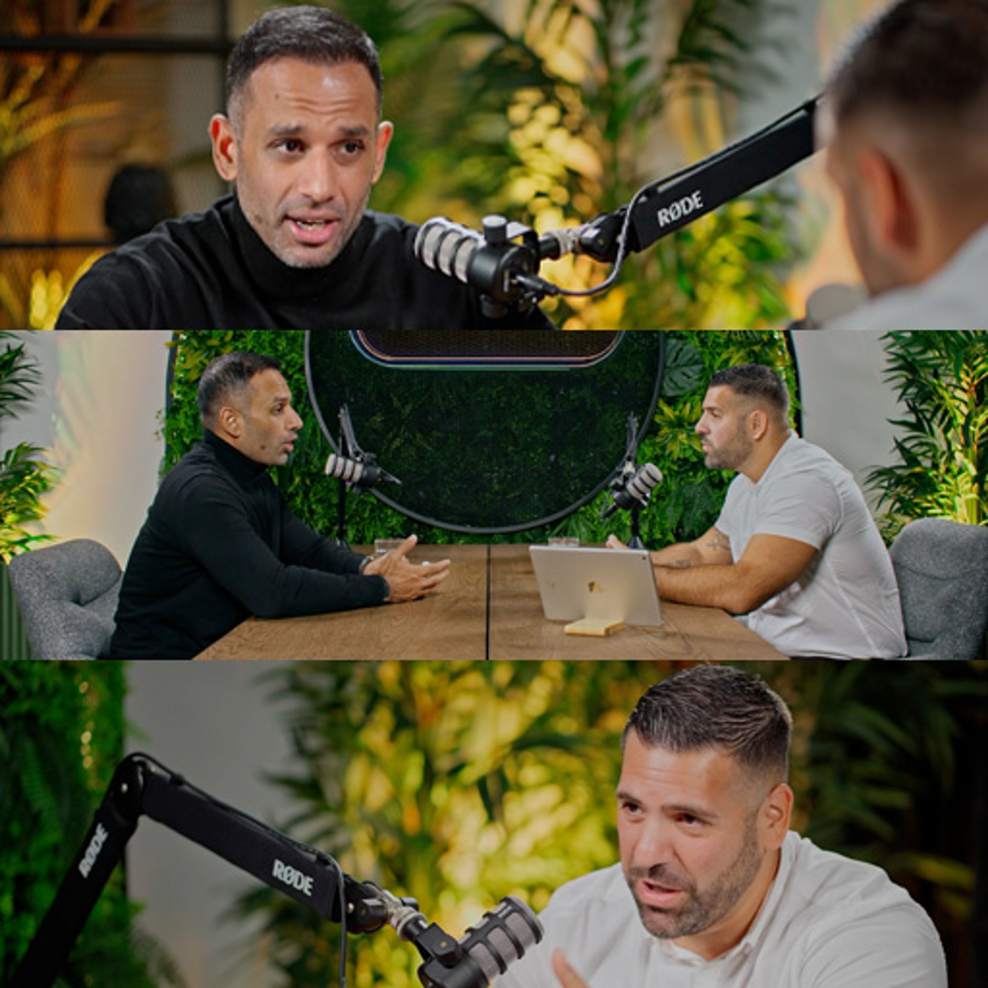 Three-frame collage from Spotware’s The Man Behind the Company podcast, showing the host and guest in the studio.