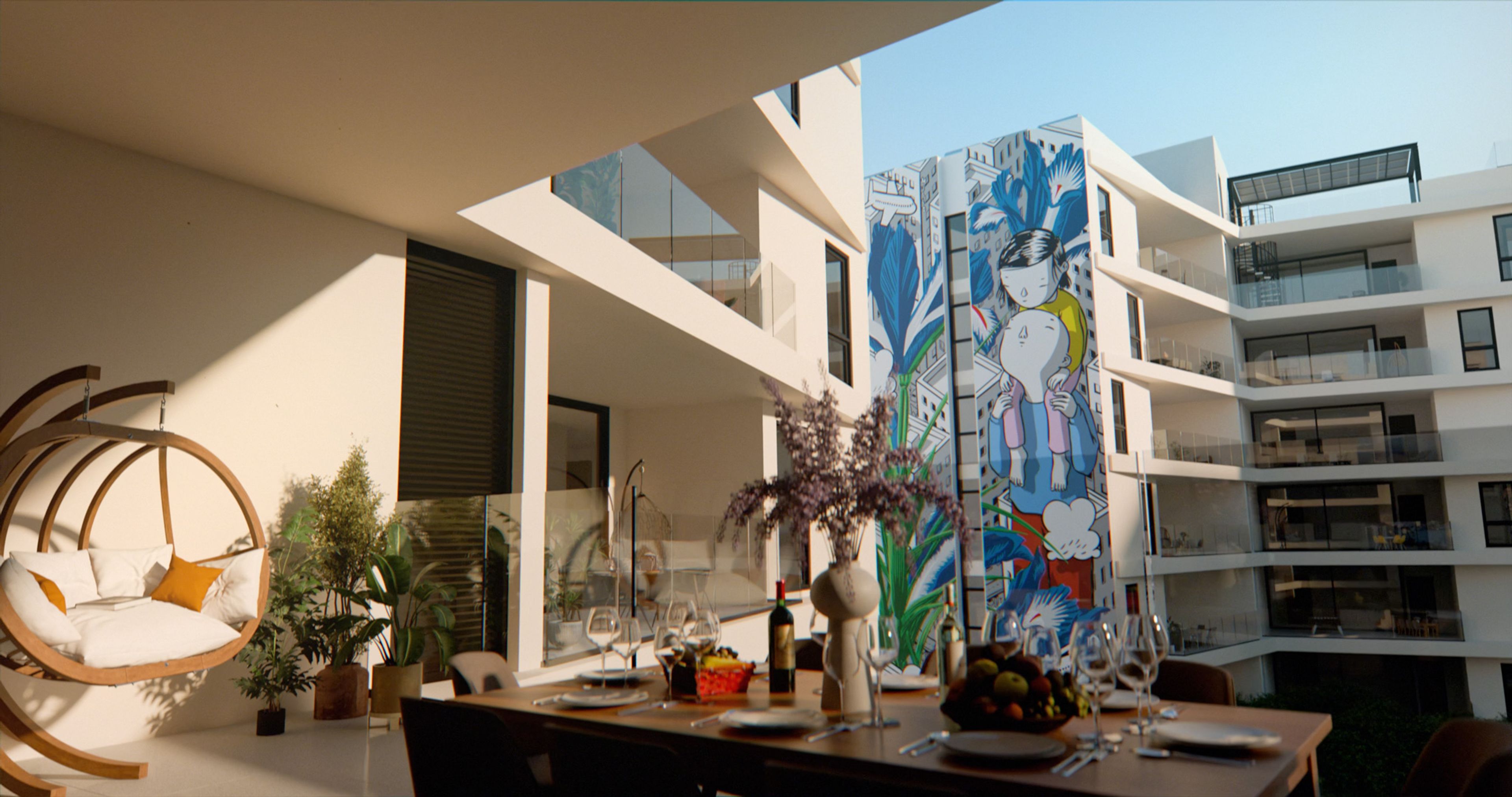 3D view of a private Art Square terrace overlooking a colourful mural.