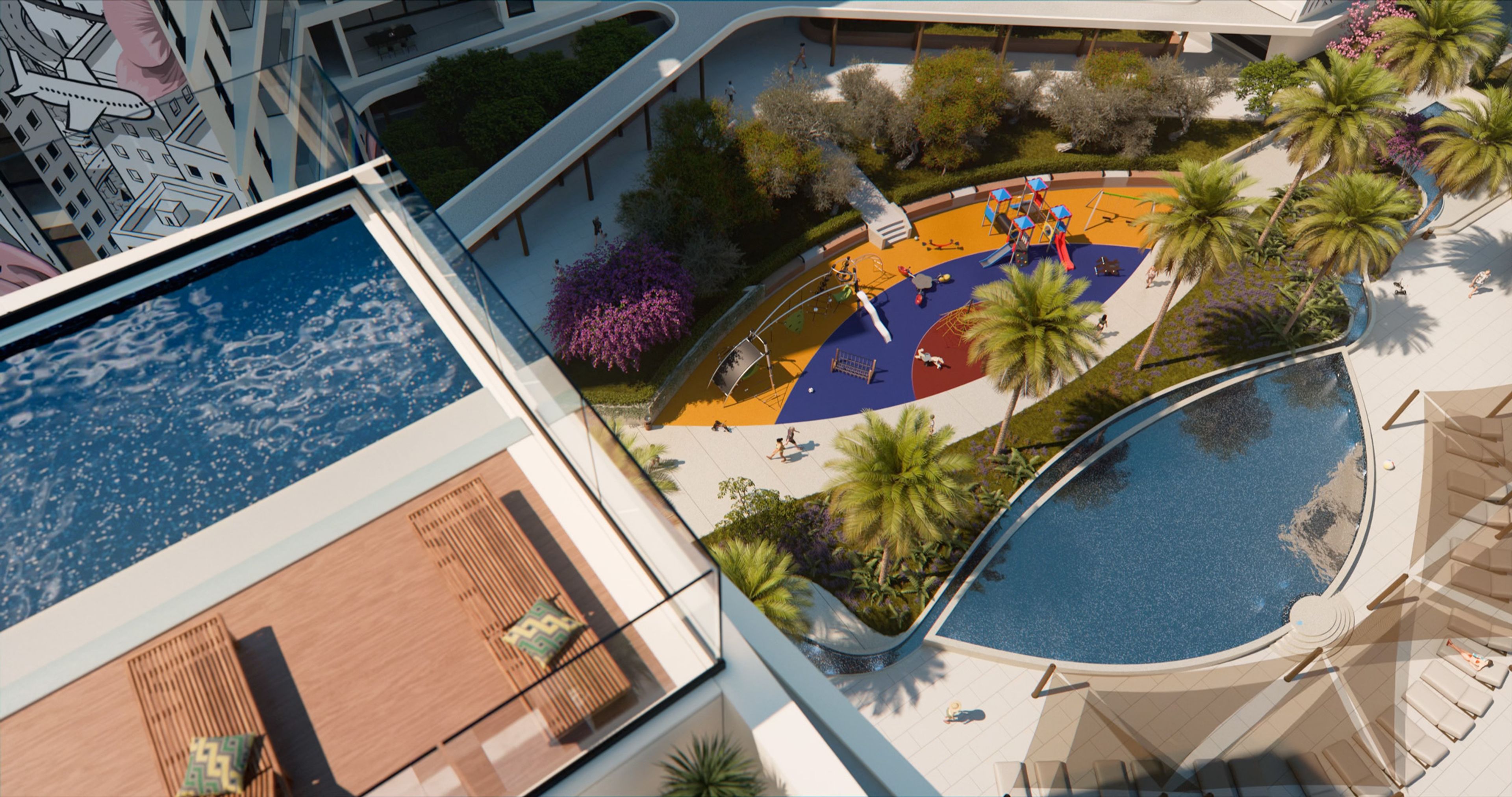 Top view of the Art Square swimming pool, children’s playground and landscaped courtyard.