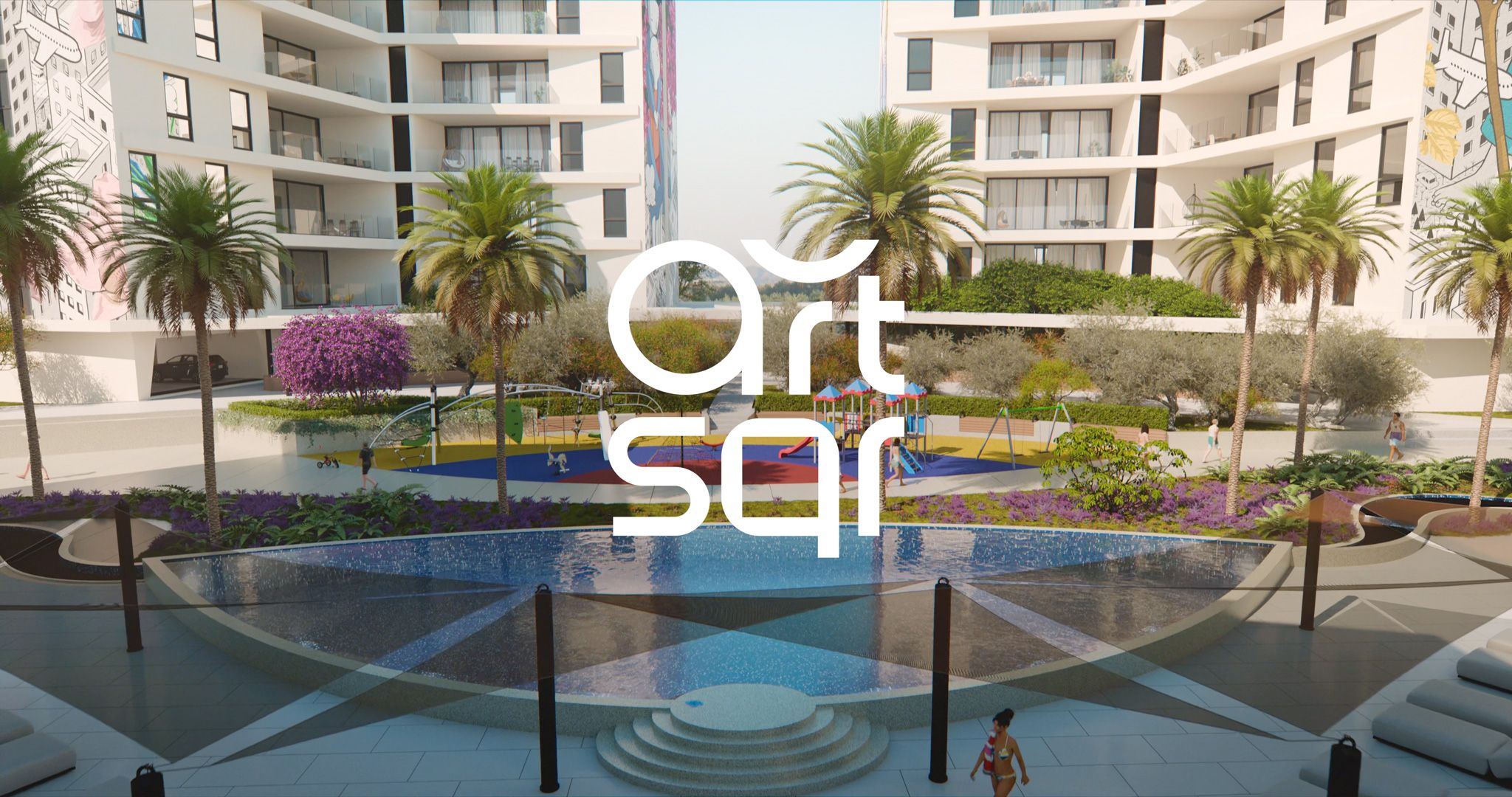 3D visualisation of the Art Square courtyard with a swimming pool, playground and landscaped gardens.