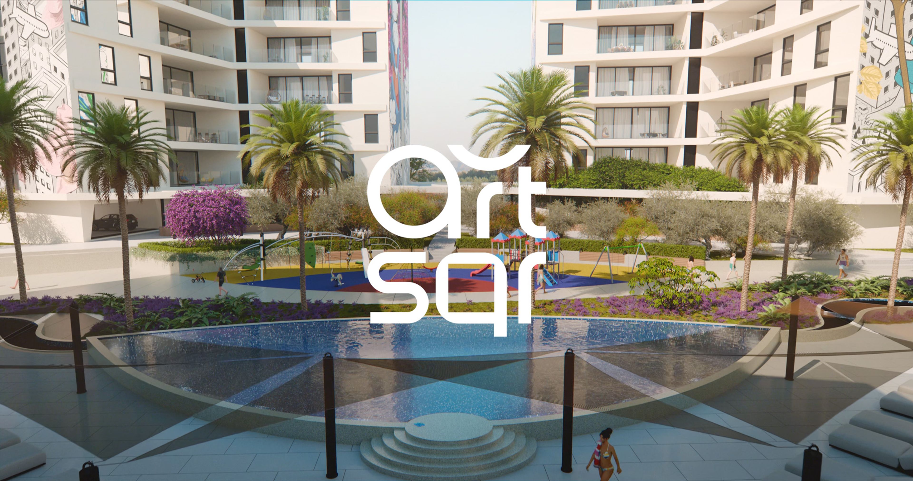 3D visualisation of the Art Square courtyard with a swimming pool, playground and landscaped gardens.