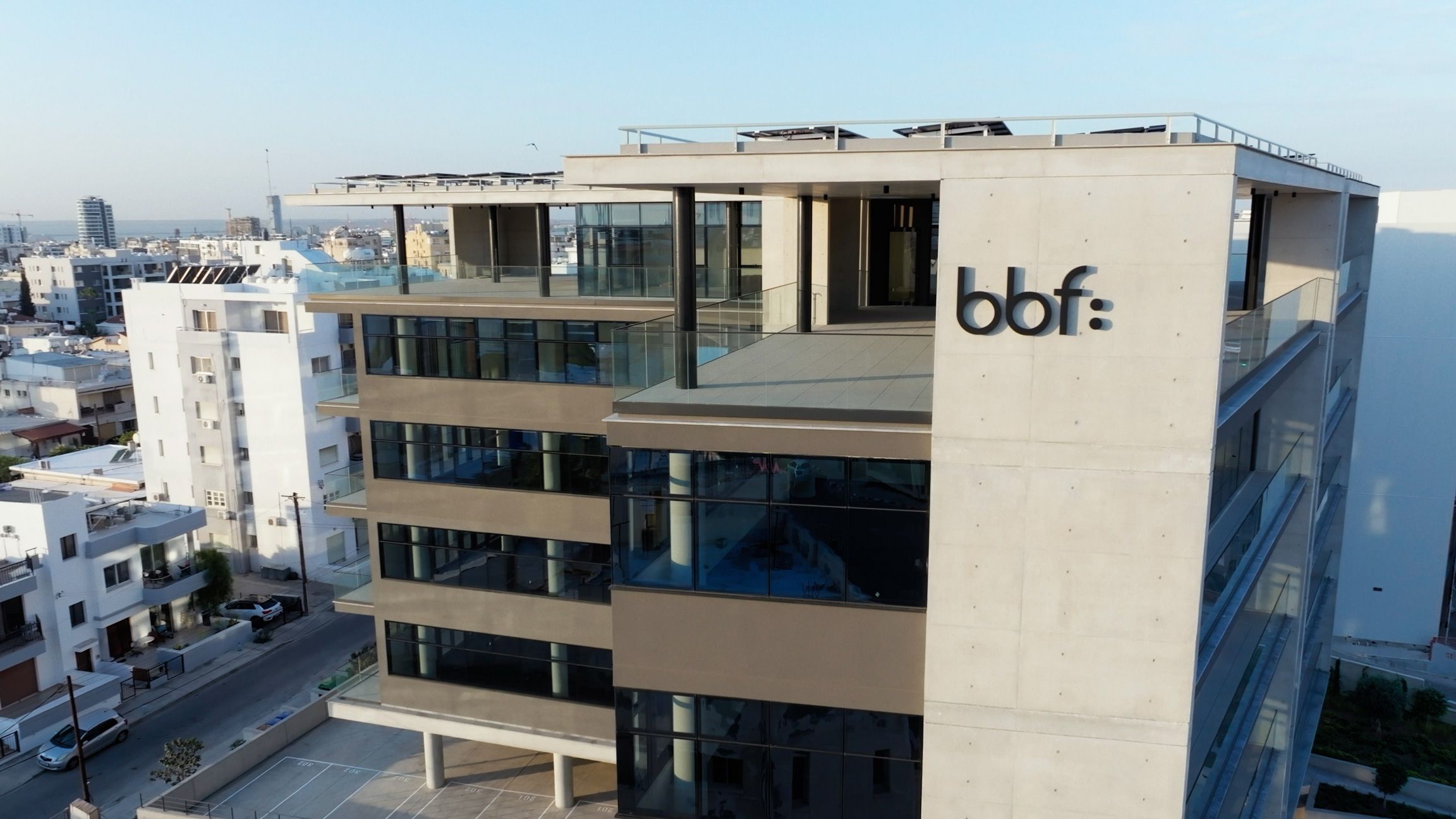 Aerial view of a modern bbf: commercial office building in Limassol.