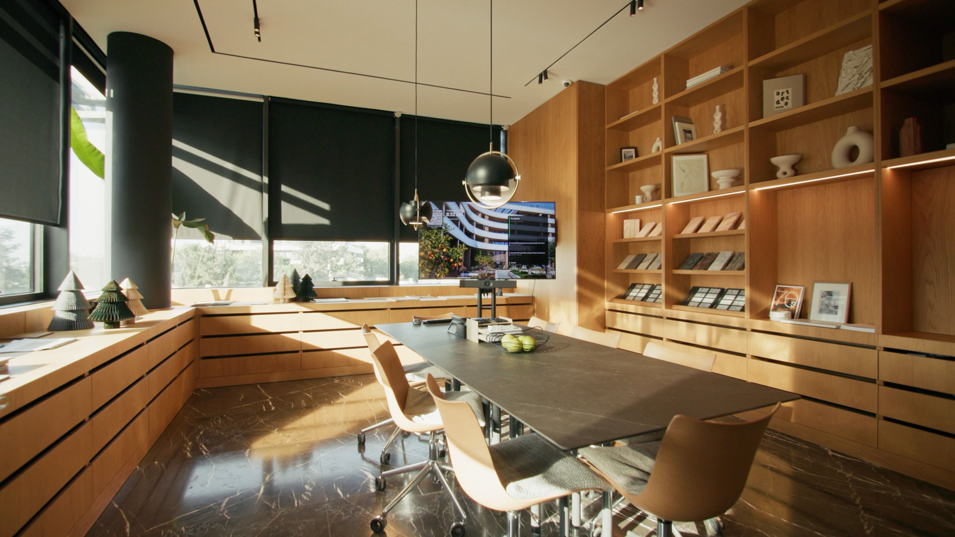 Modern bbf: meeting room with wooden shelving and a screen displaying a commercial property.