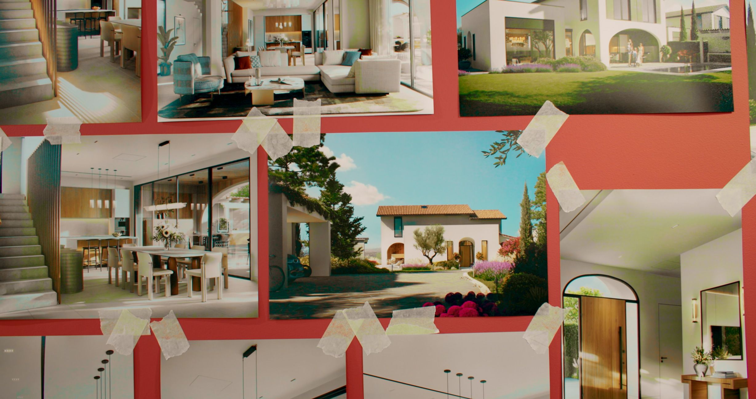 Belle Air exterior and interior renders arranged on a studio mood board