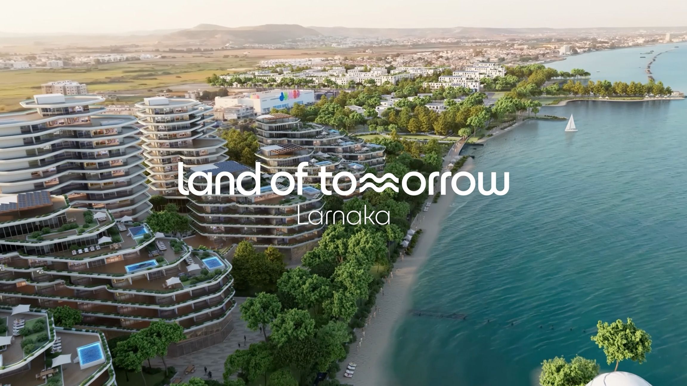 Aerial visualisation of Land of Tomorrow beside the Larnaca coastline