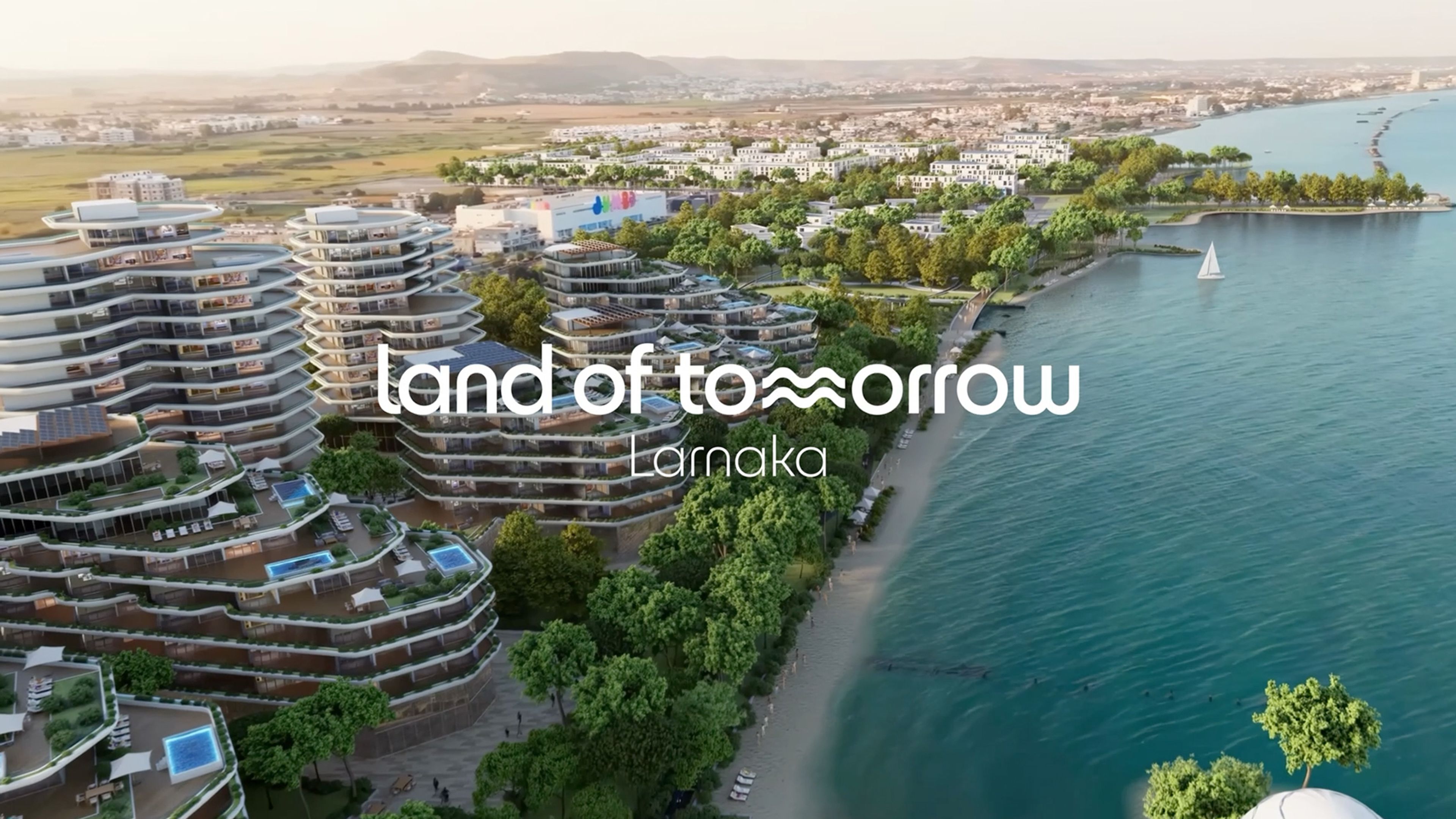 Aerial visualisation of Land of Tomorrow beside the Larnaca coastline