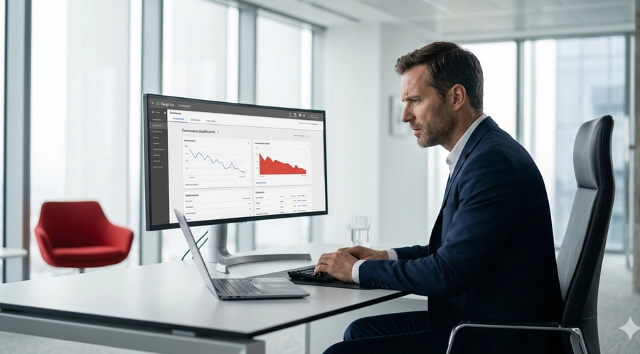 Director de marketing revisando resultados de Google Ads en oficina moderna — auditoría Google Ads B2B