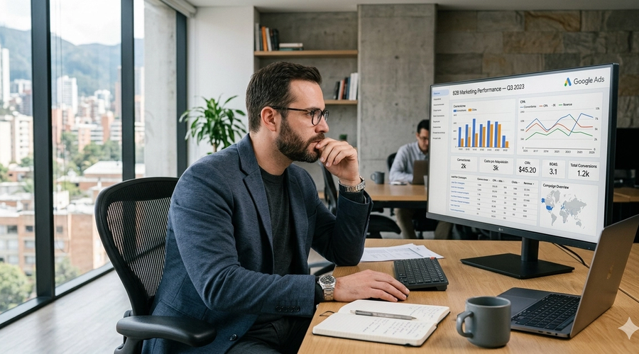 Director de marketing analizando métricas de rendimiento en monitor — estrategia Google Ads B2B