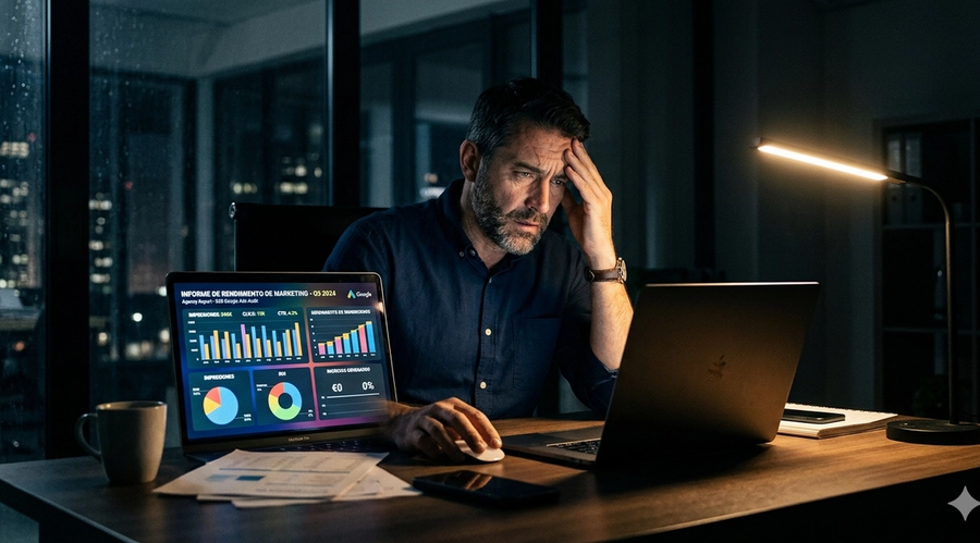 Empresario revisando informe de agencia sin resultados reales — auditoría de Google Ads B2B