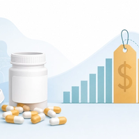 Prescription pill bottle with capsules beside a falling price chart, illustrating Creon cost without insurance in 2026