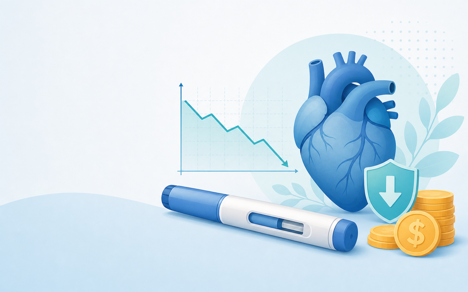 Repatha autoinjector pen beside a heart and a downward cholesterol graph illustrating Repatha side effects and cost savings