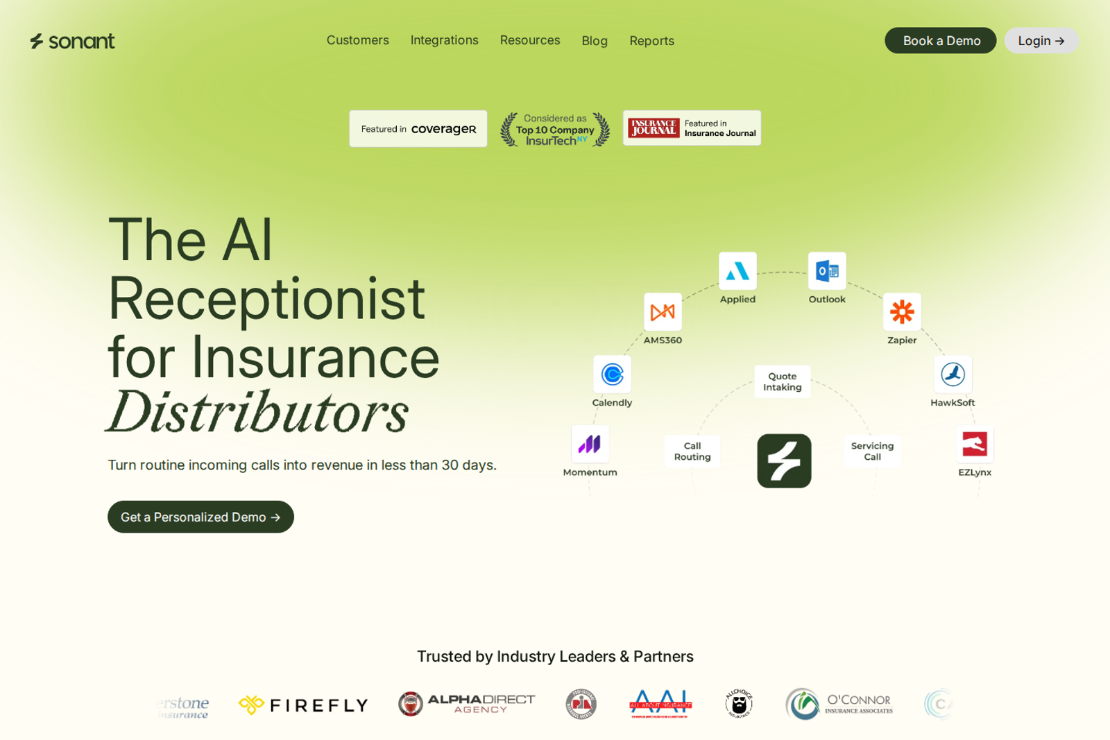 Screenshot of the Sonant AI website — AI receptionist for insurance agencies