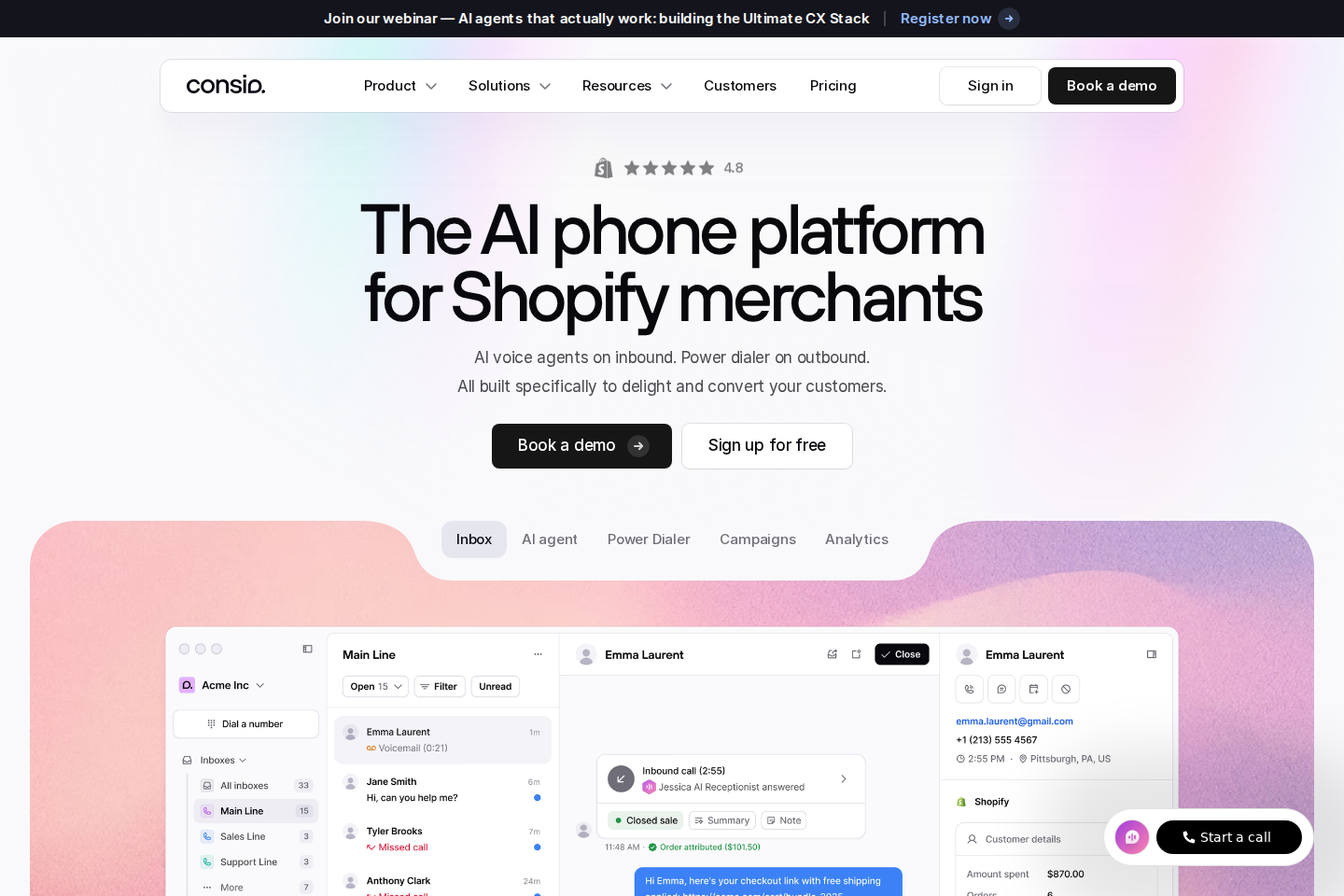 Screenshot of the Consio homepage showing their phone revenue platform for commerce